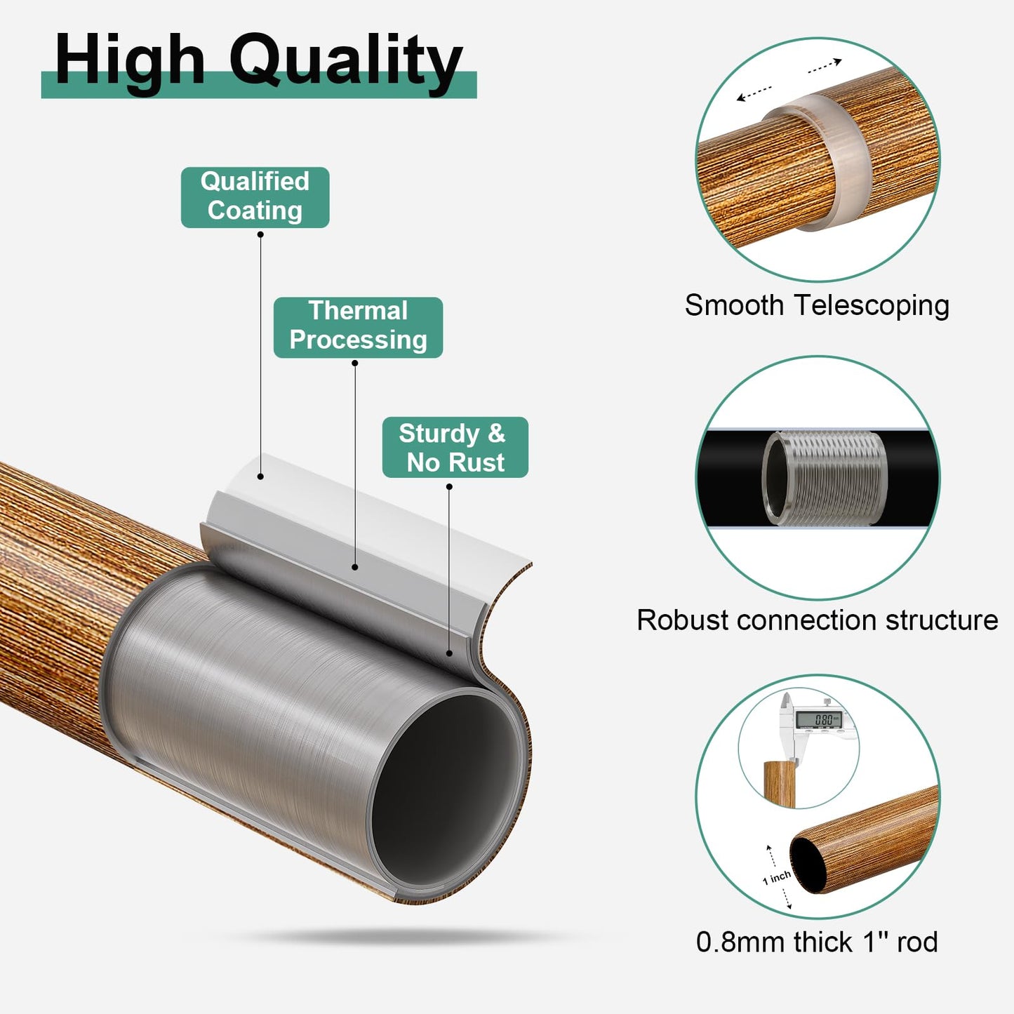 QDWIS Boho Wood Curtain Rods for Windows 66 to 120 inch,1" Adjustable Heavy Duty Window Curtain Rod with Imitation Wood Grain Finials,Rustic Decorative Drapery Rods Set,Size:36-120'',Natural Wood