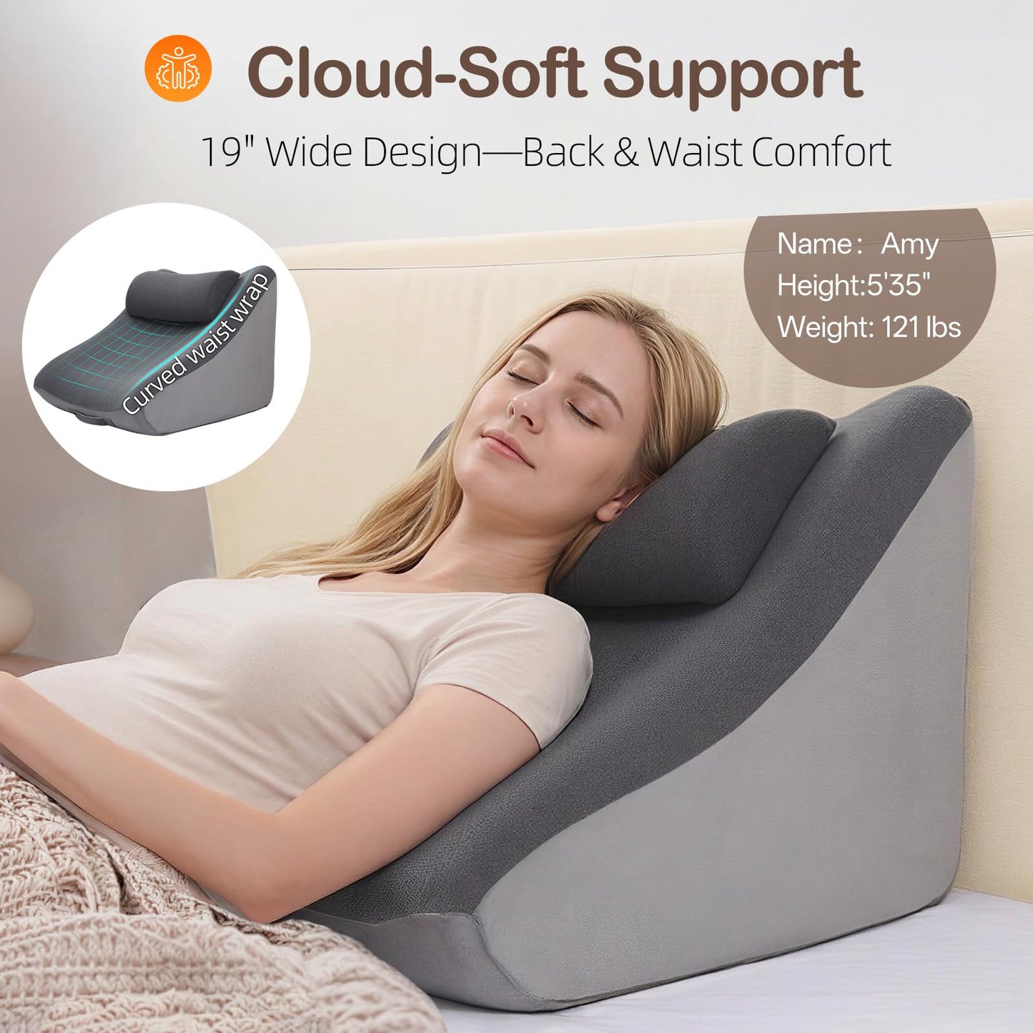 Vekkia 21” Extra-Wide Back Pillow with Adjustable Headrest – 2 in 1 Ergonomic Dual-Layer Wedge Backrest for Sitting or Reclining – Adults on Bed, Sofa & Floor, for Reading, TV & Gaming, Soft Cover