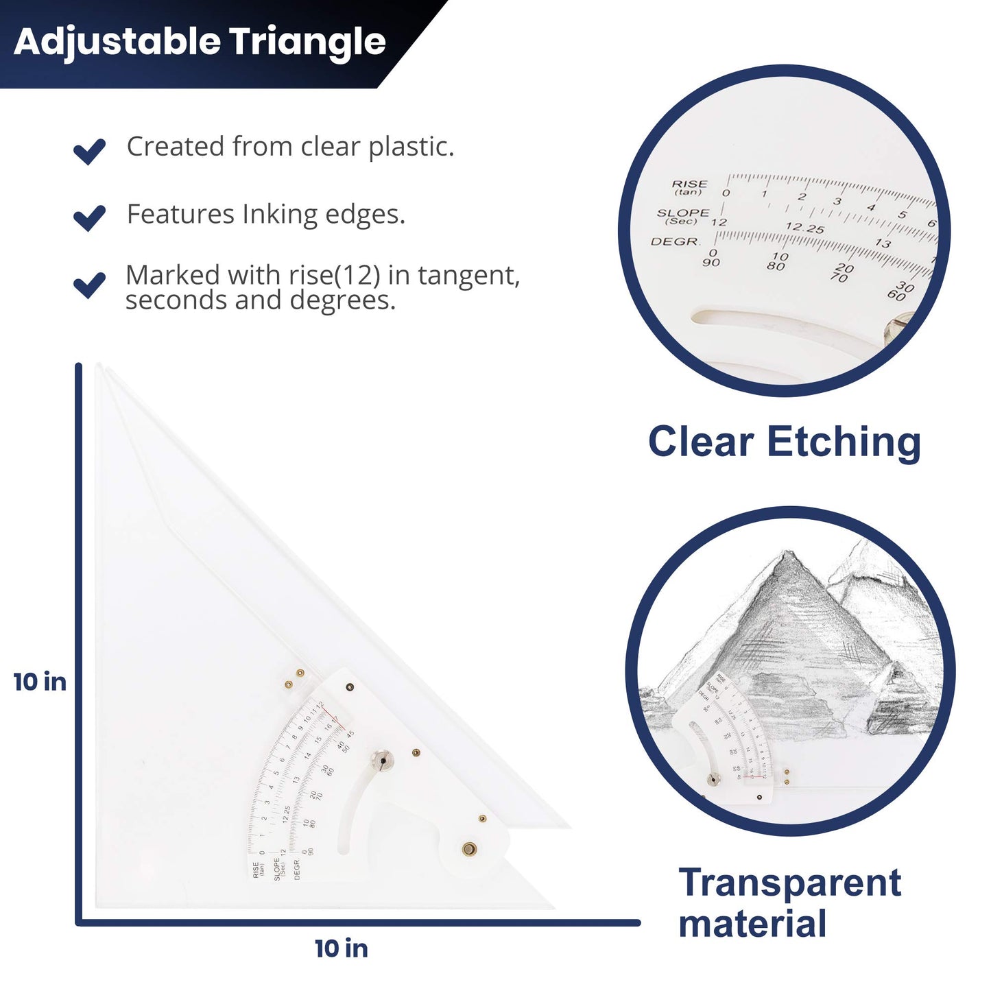 Pacific Arc Professional Adjustable Triangle Clear With Inking Edge 10"