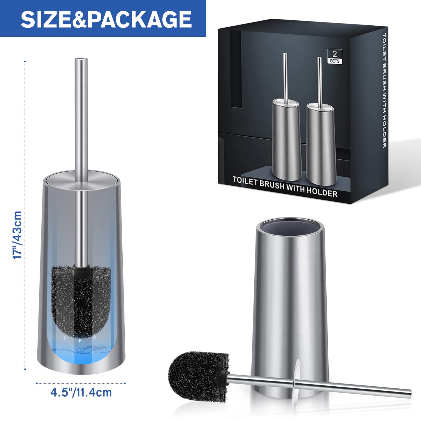 Toilet Brush and Holder, 2 Pack Toilet Brush Stainless Steel, Toilet Bowl Brush for Bathroom Toilet-Ergonomic, Elegant,Durable (Silver)