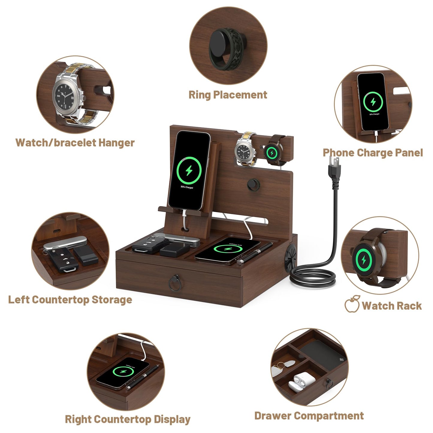 Wood Phone Docking Station with USB Ports and Outlets, Nightstand Organizer with Charging Station, Bedside Organizer with Drawer for Watch & Accessories, Christmas Anniversary Birthday Gifts for Men