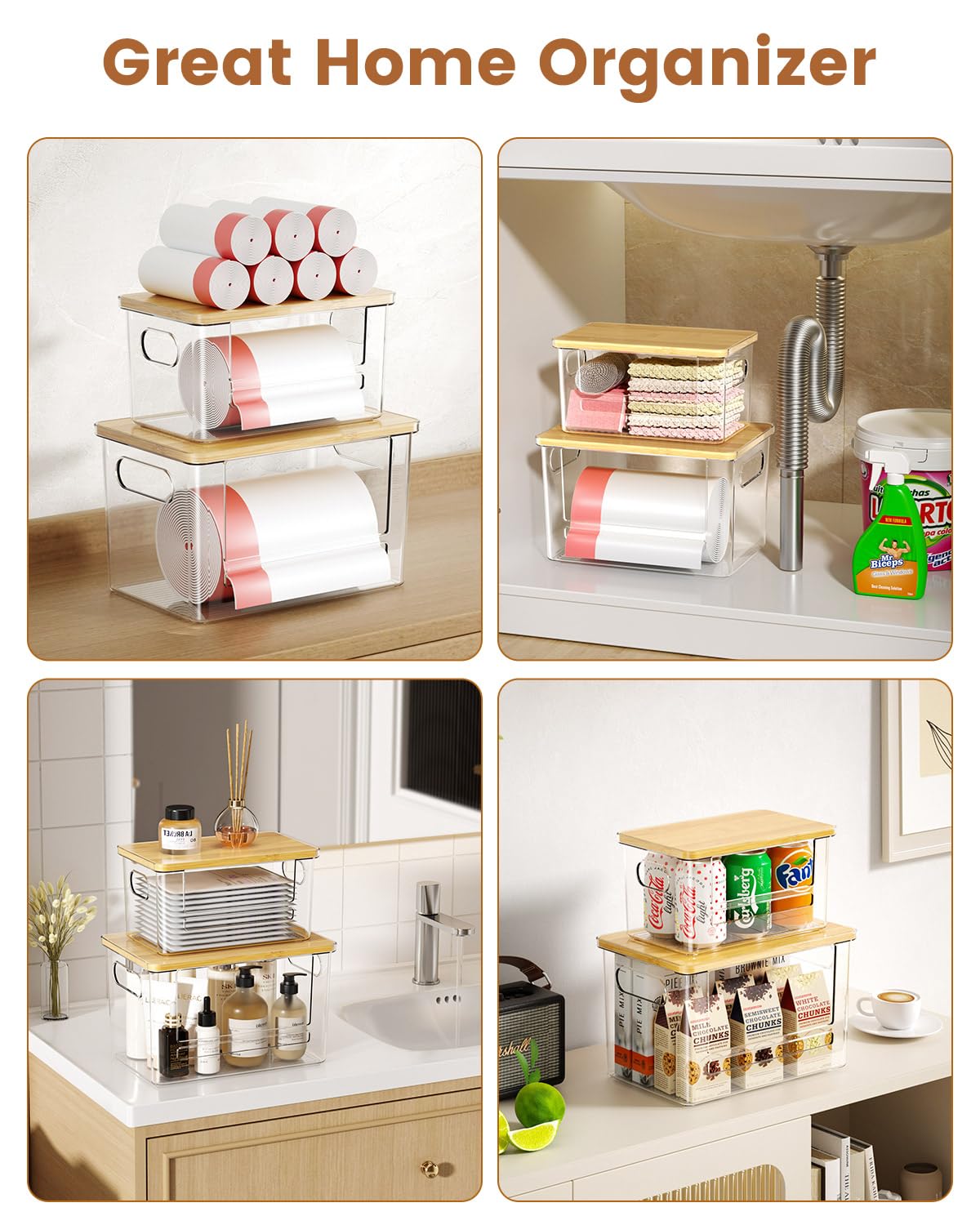 Trash Bag Dispenser 2 Pack, Stackable Trash Bag Holder with Bamboo Lid – Clear Plastic Garbage Bag Organizer for 4-33 Gal Bags, Space-Saving Under Sink Organizer for Kitchen, Laundry, Pantry