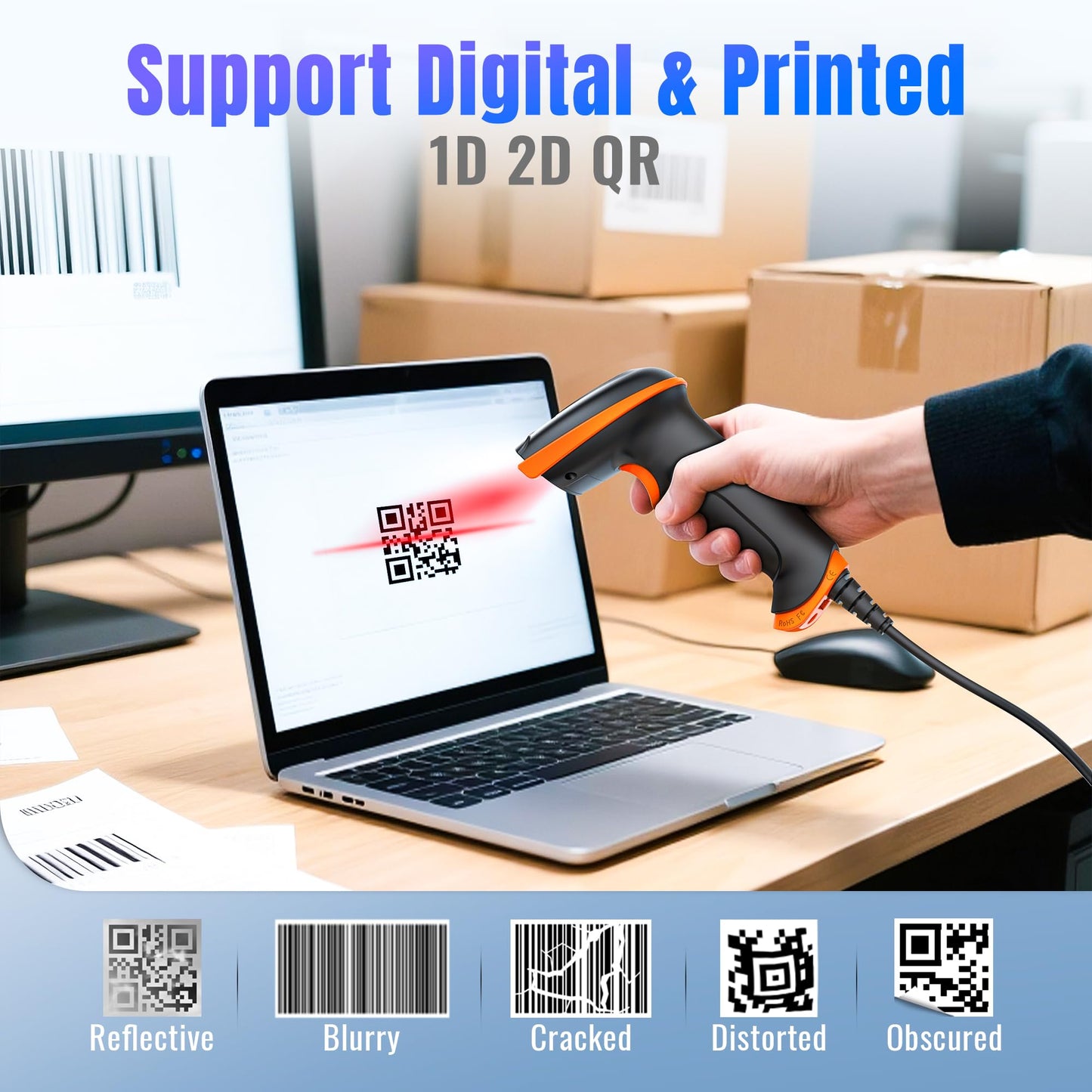 Tera Upgraded USB 1D 2D QR Barcode Scanner Wired, Officially Certified Dustproof Shockproof Waterproof IP65 Ergonomic Handle Fast and Precise Scan for Windows Linux Plug and Play Model D5100Y