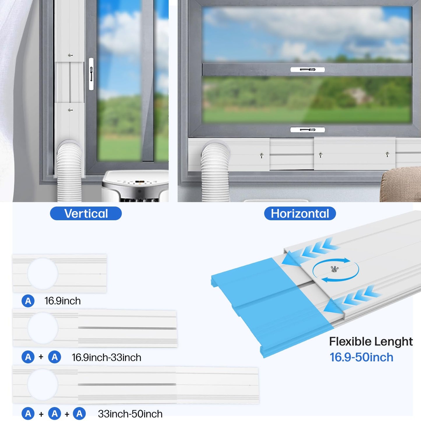 Portable Air Conditioner Window Seal Kit with 5.9" Counter-Clockwise Threaded Exhaust Hose, Portable AC Unit Window Ventilation Set with 3 Interlocking Adjustable Seal Panels