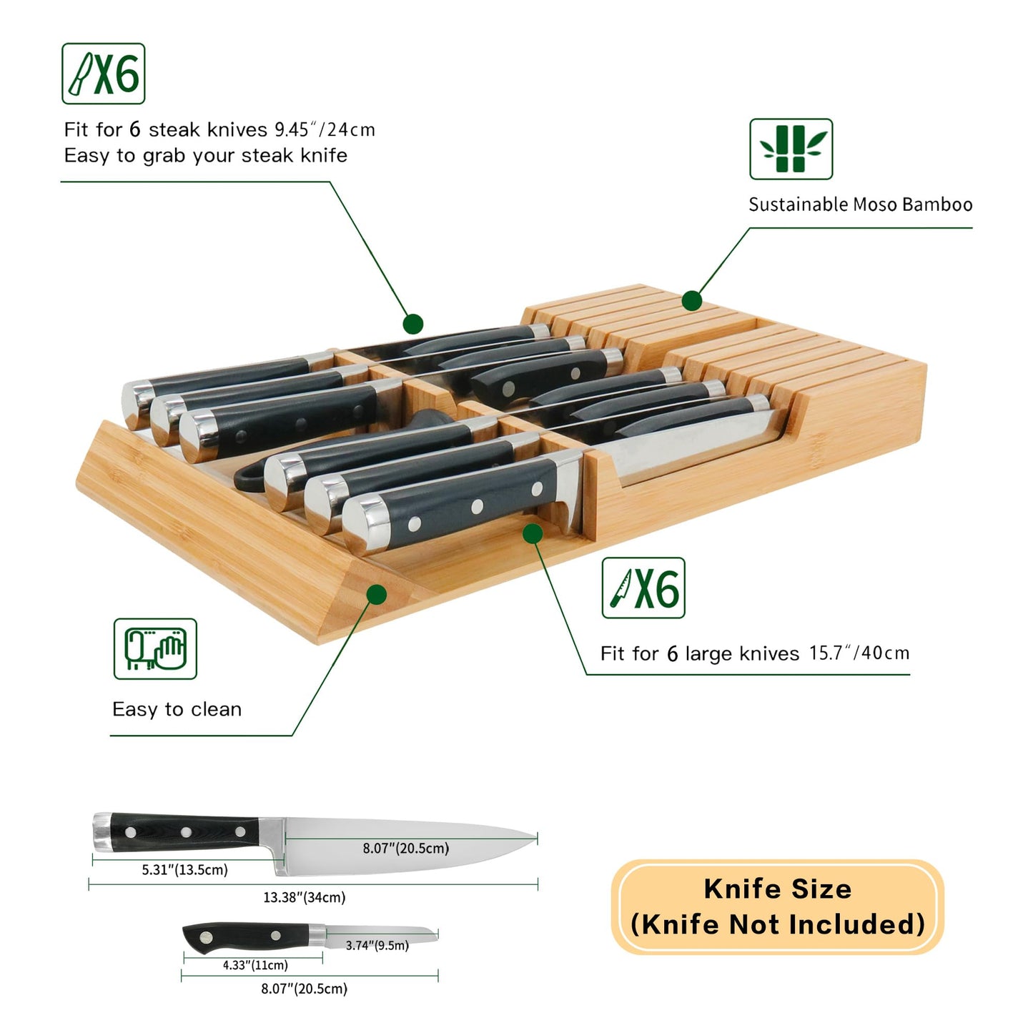 Utoplike in-Drawer Knife Block Bamboo Kitchen Knife Drawer Organizer, Handle Steak Knife Holder Without Knife, Fit for 12 Knives and 1 Sharpening Steel (Knives Not Included)