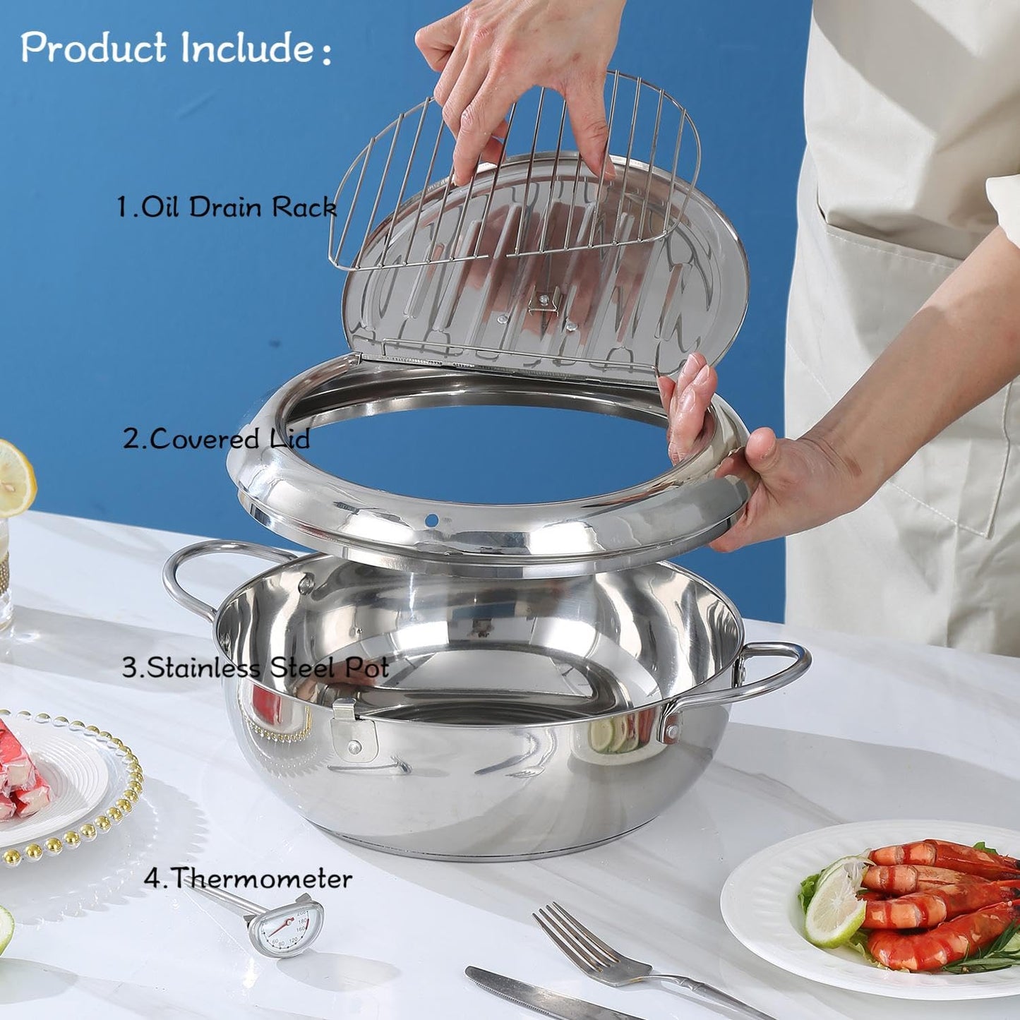Deep Fryer Pot 11 Inch Large Stove Top with °F Temperature Control and Oil Drip Drainer Rack for French Fries Chicken Japanese Tempura