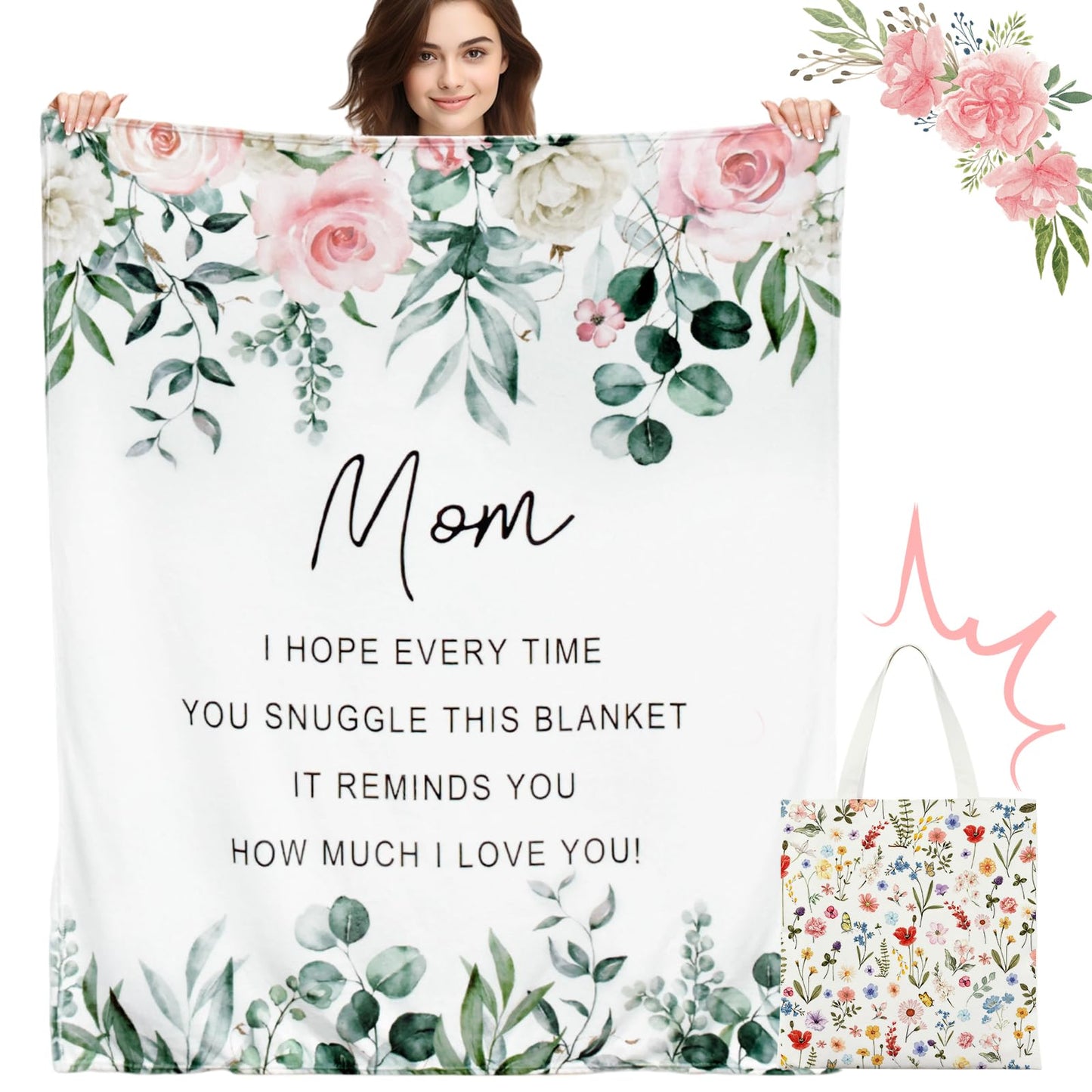 Mocsicka Mom Blanket for Mom - Ultra Soft Sherpa Fleece Throw from Daughter Son, 50x60 Inch Cozy Lightweight Luxury Throw for Women, Set with Floral Tote Bag