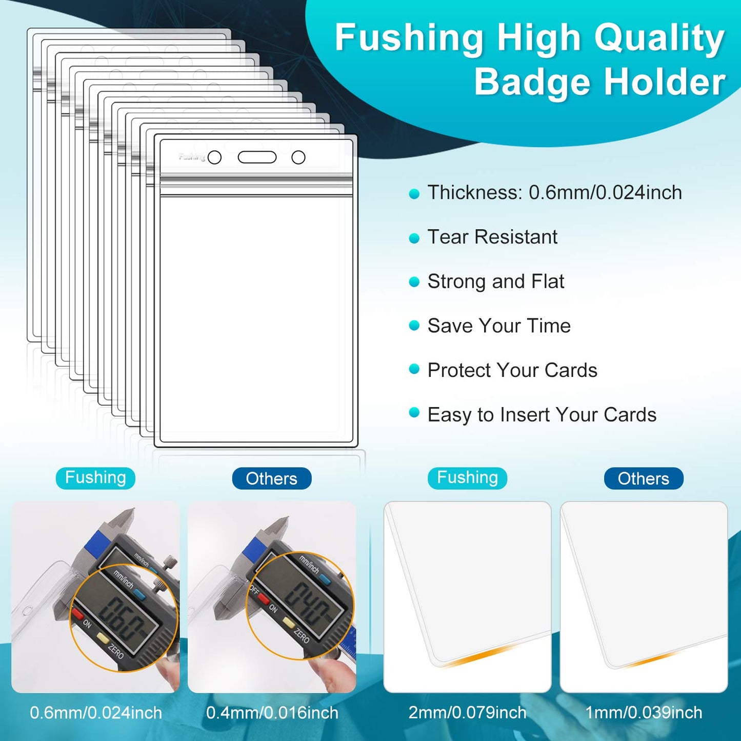 Fushing Pack of 100 Clear Plastic Vertical Badge Holders, Name Tag Holders, Card Holders (XXL)