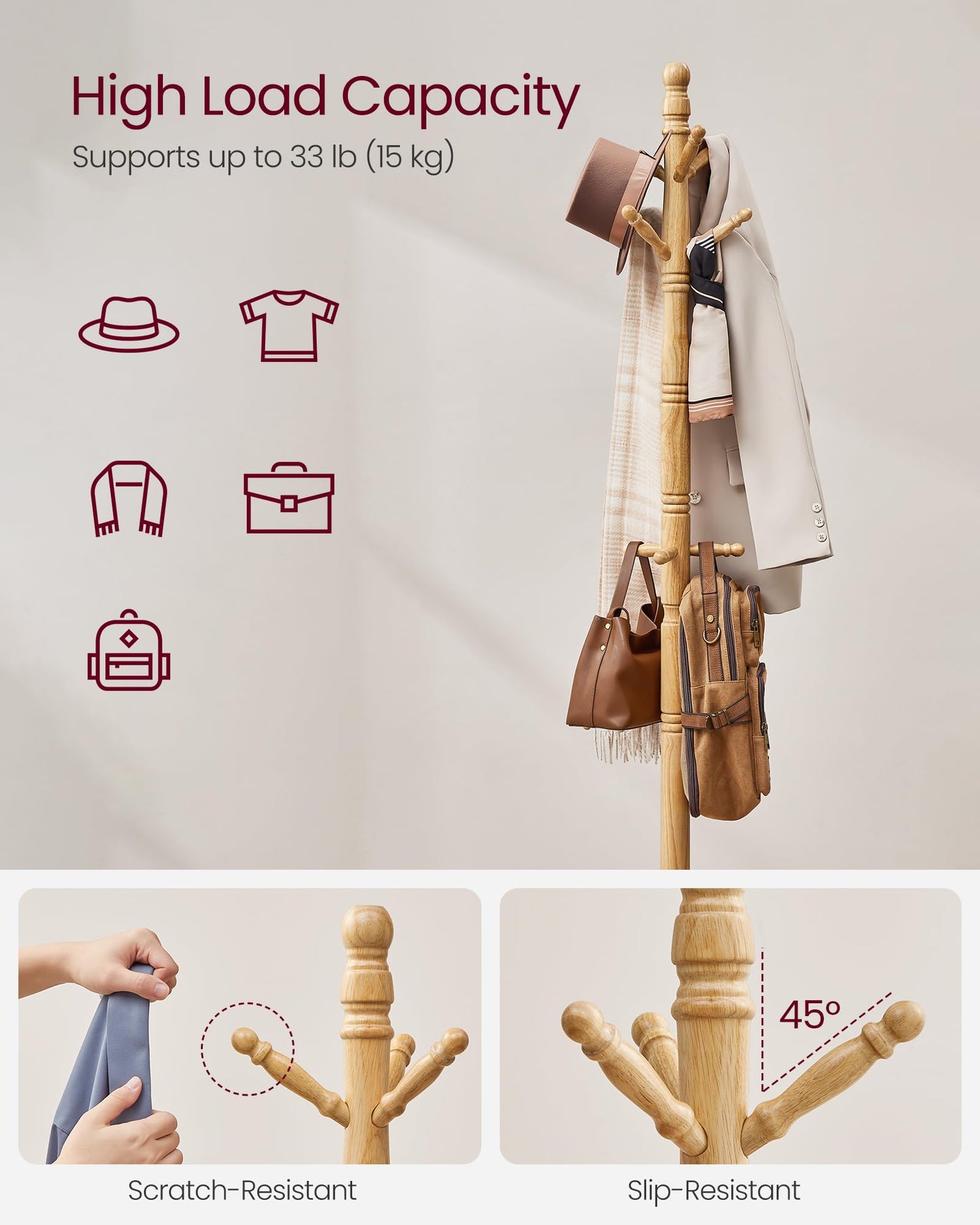 VASAGLE Solid Wood Coat Rack and Stand, Free Standing Hall Coat Tree with 10 Hooks for Hats, Bags, Purses, for Entryway, Hallway, Rubberwood, Natural Beige URCR003Y01