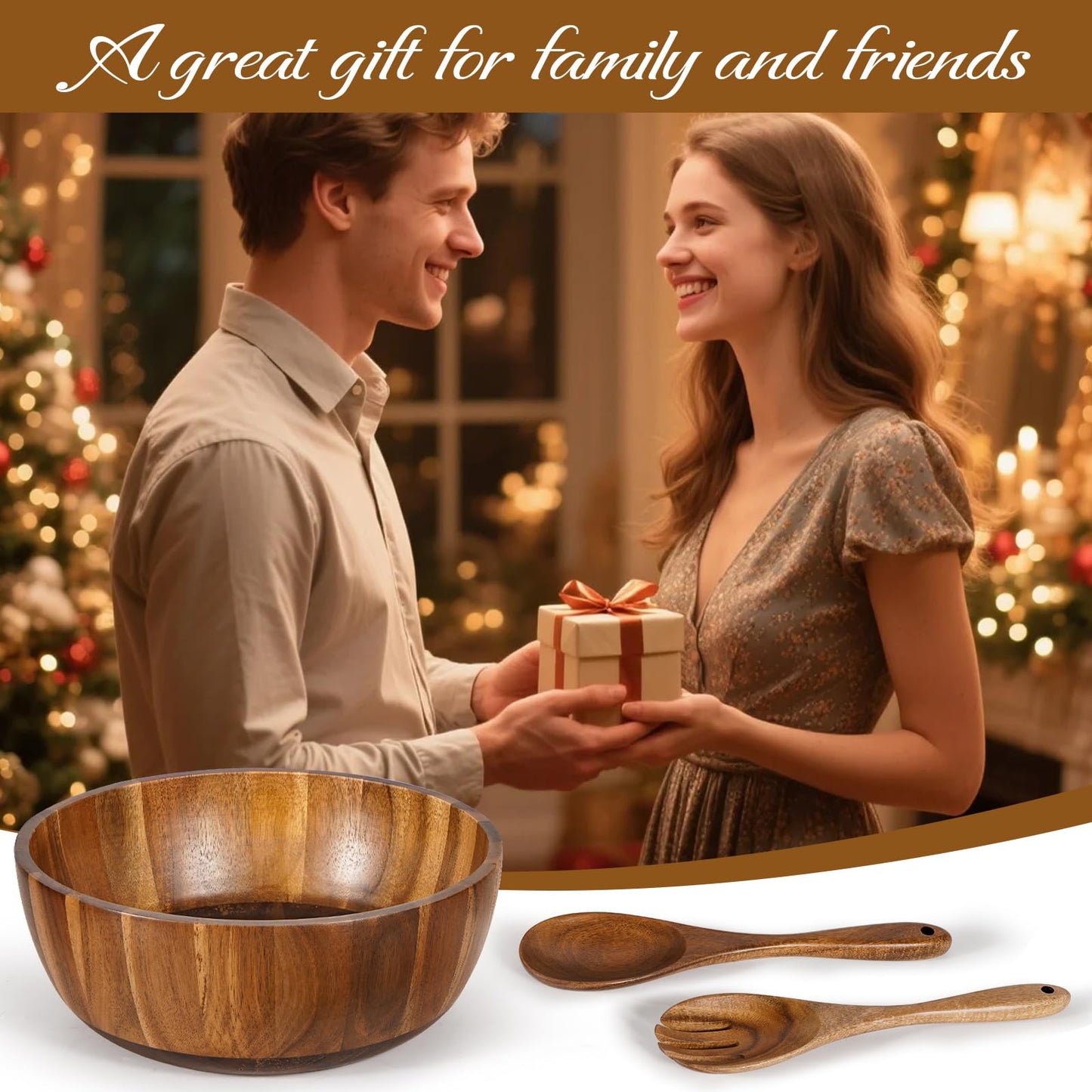 MYRAINBOW Wooden Salad Bowl Set 11.8 Inch – Acacia Large Wood Salad Bowl with Wooden Serving Utensils, Big Salad Bowls for Fruits, Food Serving & Hosting Family Gatherings