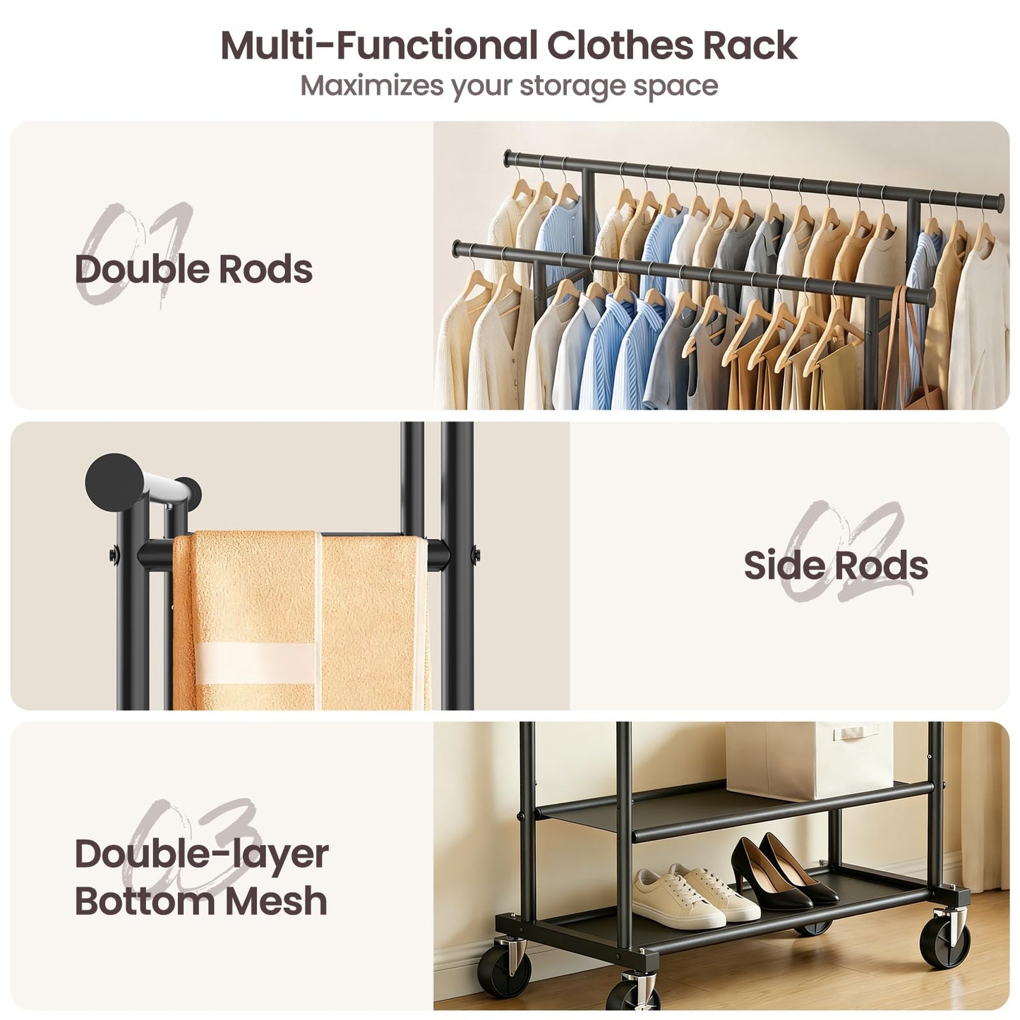 WATIOWL Clothes Rack, Double Rods Rolling Clothing Rack for Hanging Clothes Closet Rack with Wheels, Metal Portable Garment Rack with Double Shelves for Bedroom Laundry Living Room, Black