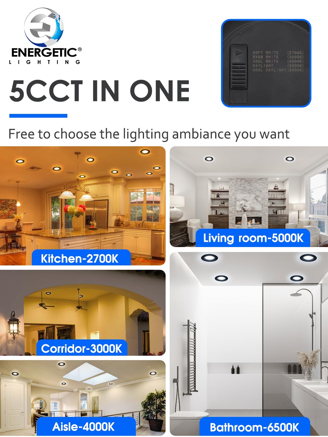 12 Pack 5/6 Inch 5CCT Black LED Recessed Lighting Retrofit, 2700K/3000K/4000K/5000K/6500K Selectable, Dimmable Can Lights with Baffle Trim, 12W=150W, High Brightness 1000LM, Wet Rated, ETL Certified