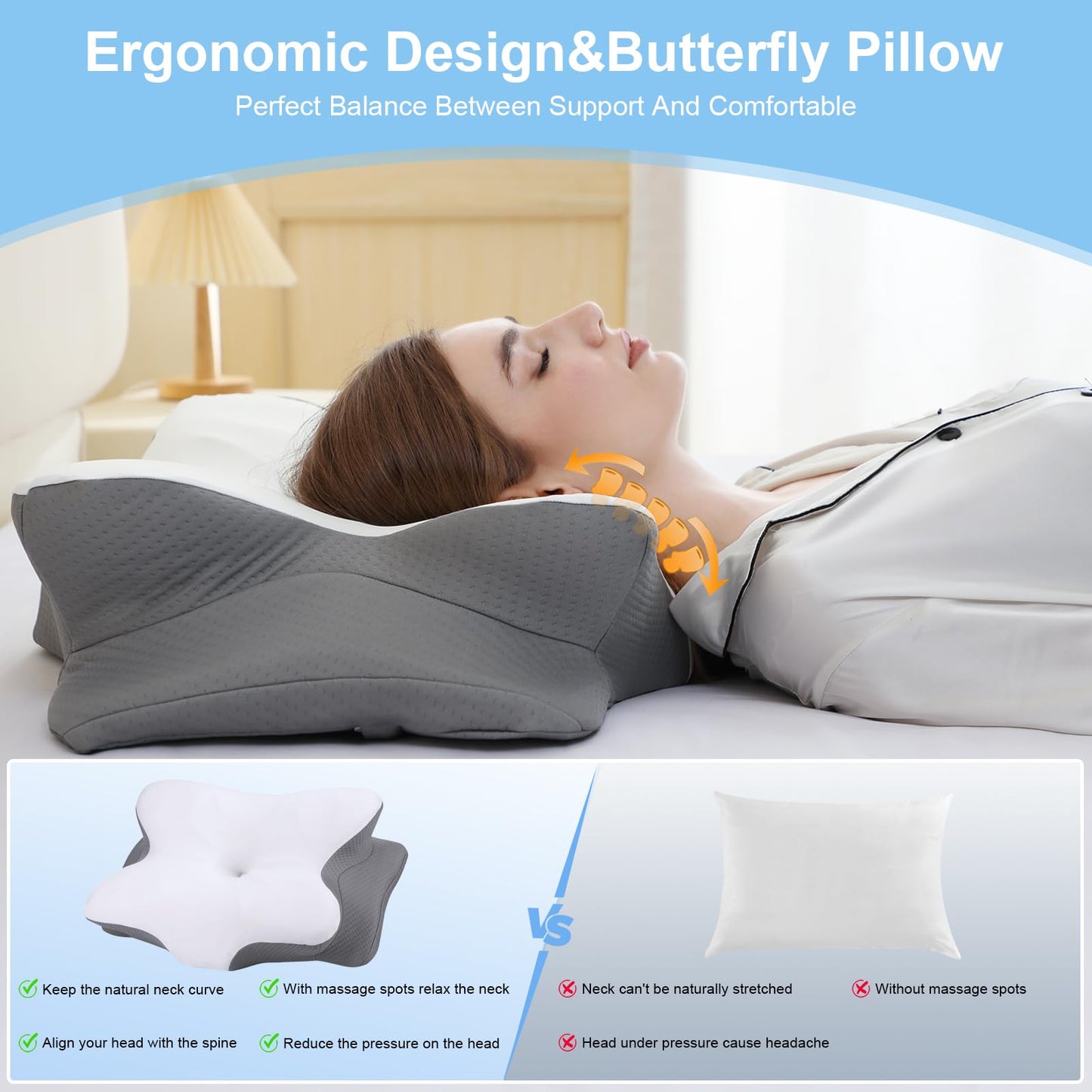 HBYGE Memory Foam Pillows, Ergonomic Pillow for Neck Pain Relief, Bed Pillow for Sleeping, Cervical Neck Pillow for Side, Back, Stomach Sleeper with Cool Pillowcase, Side Sleeper Pillows for Adults
