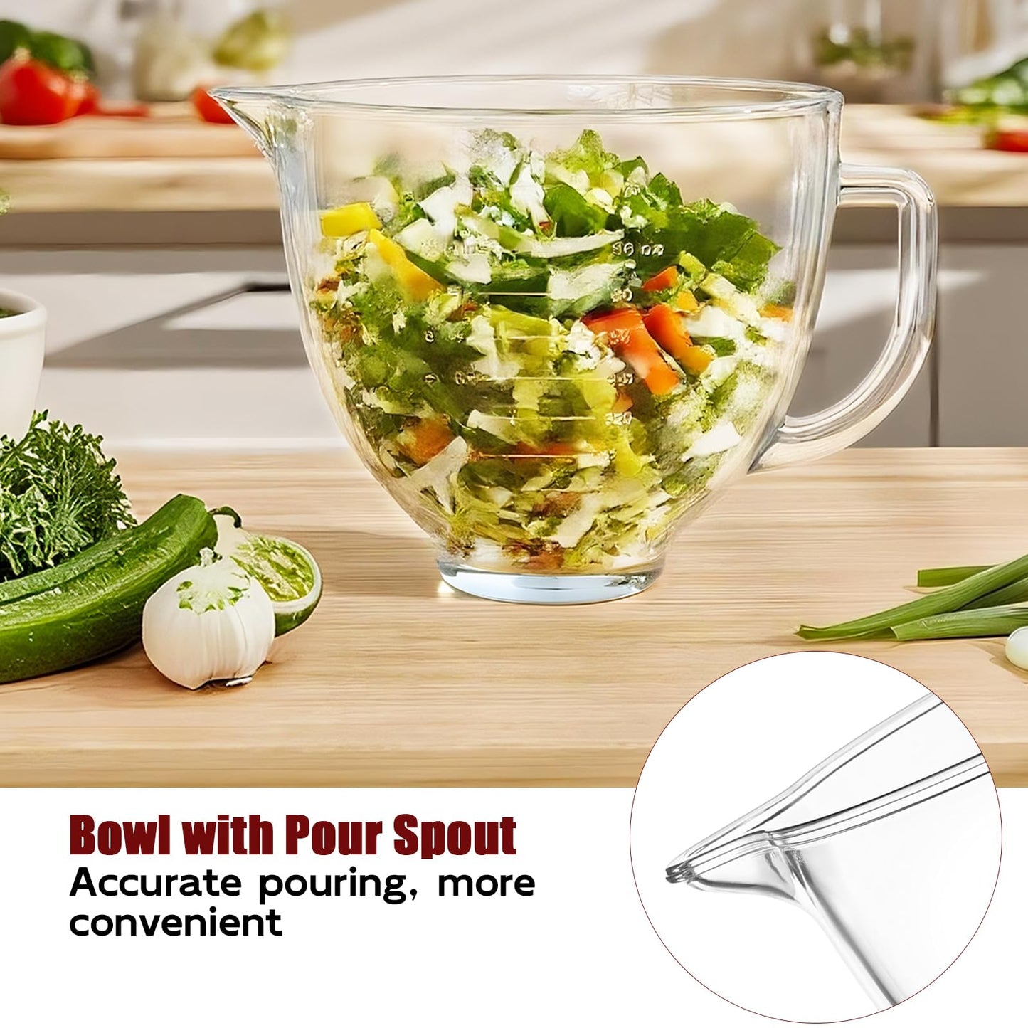 Double-layer Thickened Glass Mixer Bowl For Kitchenaid Tilt-Head Stand Mixers 4.5-5 Quart, 5Qt Mixing Bowl Replacement For Kitchenaid with Measurement Markings & Handle