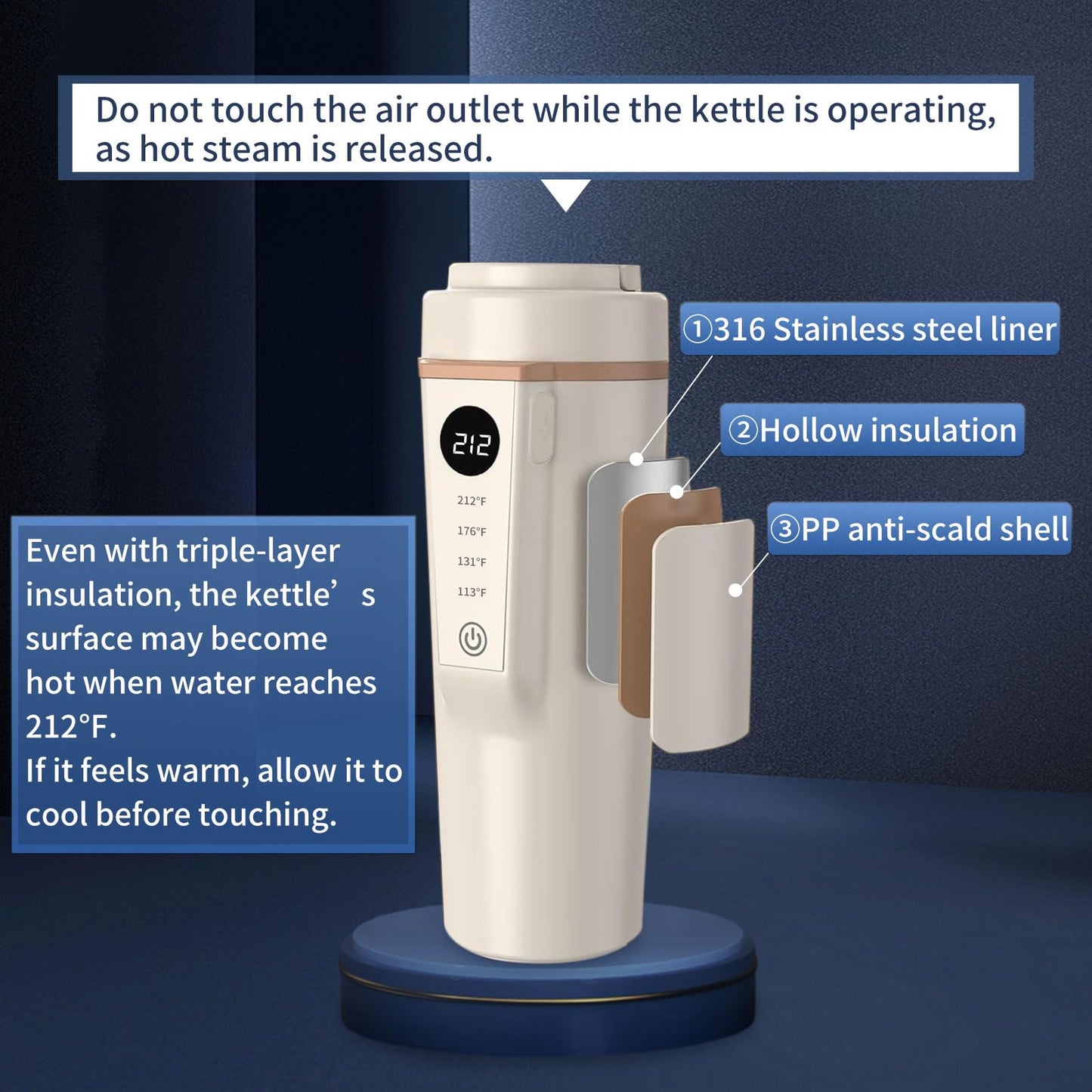 Car Electric Kettle 12V/24V Dual Voltage, Portable Travel Electric Kettle for Road Trips, Mini Small Water Boiler with 4 Temp Control, 316 Stainless Steel,16oz(Beige)