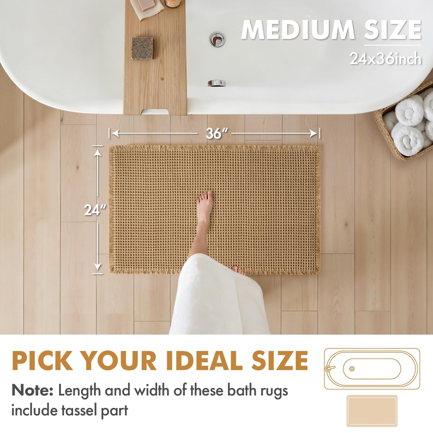 MIULEE Set of 2 Waffle Bathroom Rugs, Boho Bath Rugs Non Slip Washable, Super Absorbent Bath Mats, Ultra Soft Rubber Backed Shower Mats for Bathroom Floor, Tub and Shower, Brown, 24x36 Inch