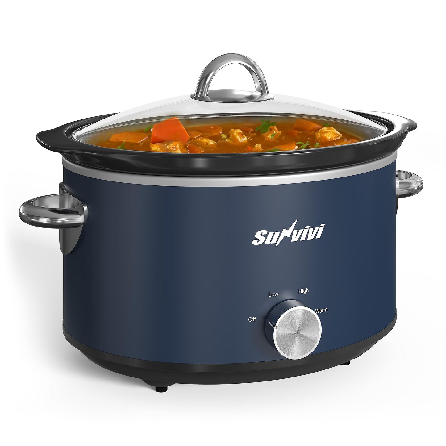Sunvivi 4 Quart Slow Cooker & Mini Food Warmer with 3 Heating Settings, Removable Ceramic Pot, Dishwasher Safe Glass Lid, Stainless Steel, Blue