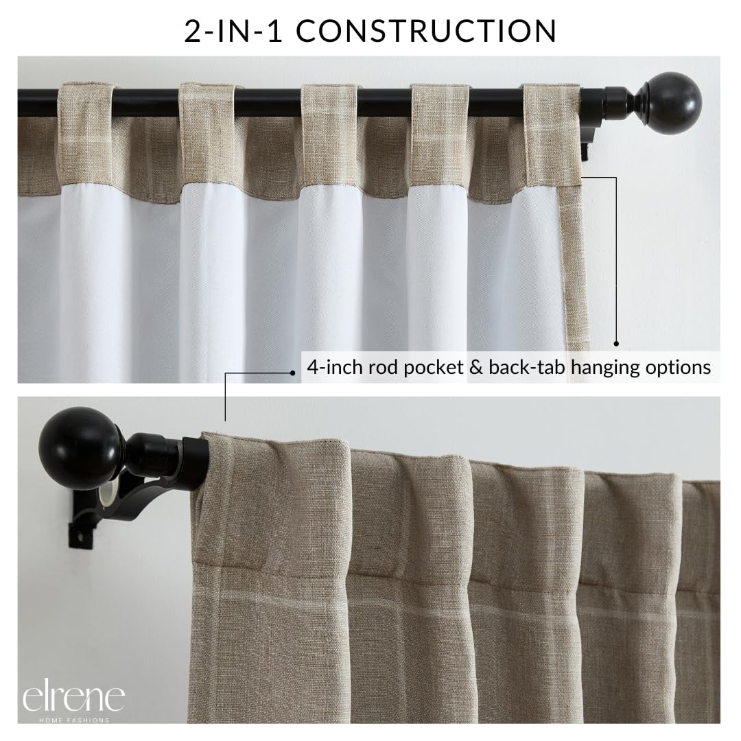 Elrene Home Fashions Sawyer Windowpane Plaid Room Darkening Single Window Curtain Panel with Rod Pocket/Back Tabs for Living Room/Bedroom/Office, 52"x84", Taupe