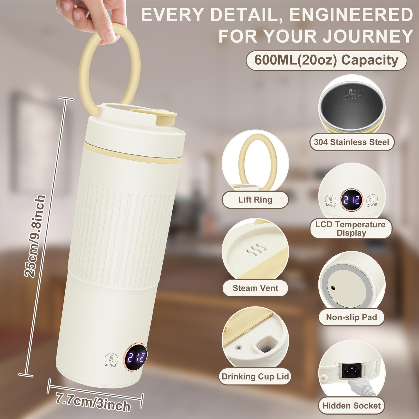Portable Electric Kettle, 600ML Mini Hot Water Boiler Heater, Travel Kettle with 6 Temperature Settings, 304 Stainless Steel Portable Bottle Warmer with Auto Shut-Off & Boil-Dry Protection