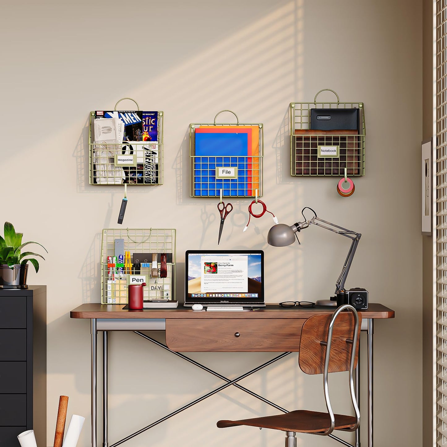Yuzehuaza Wall File Organizer Mesh Hanging Wall Files Holder,Magazine Rack and Mail Basket with Hooks, Office Wall Organizer for Papers Folders Files Clipboard 4 Packs, Gold(Patent Pending)