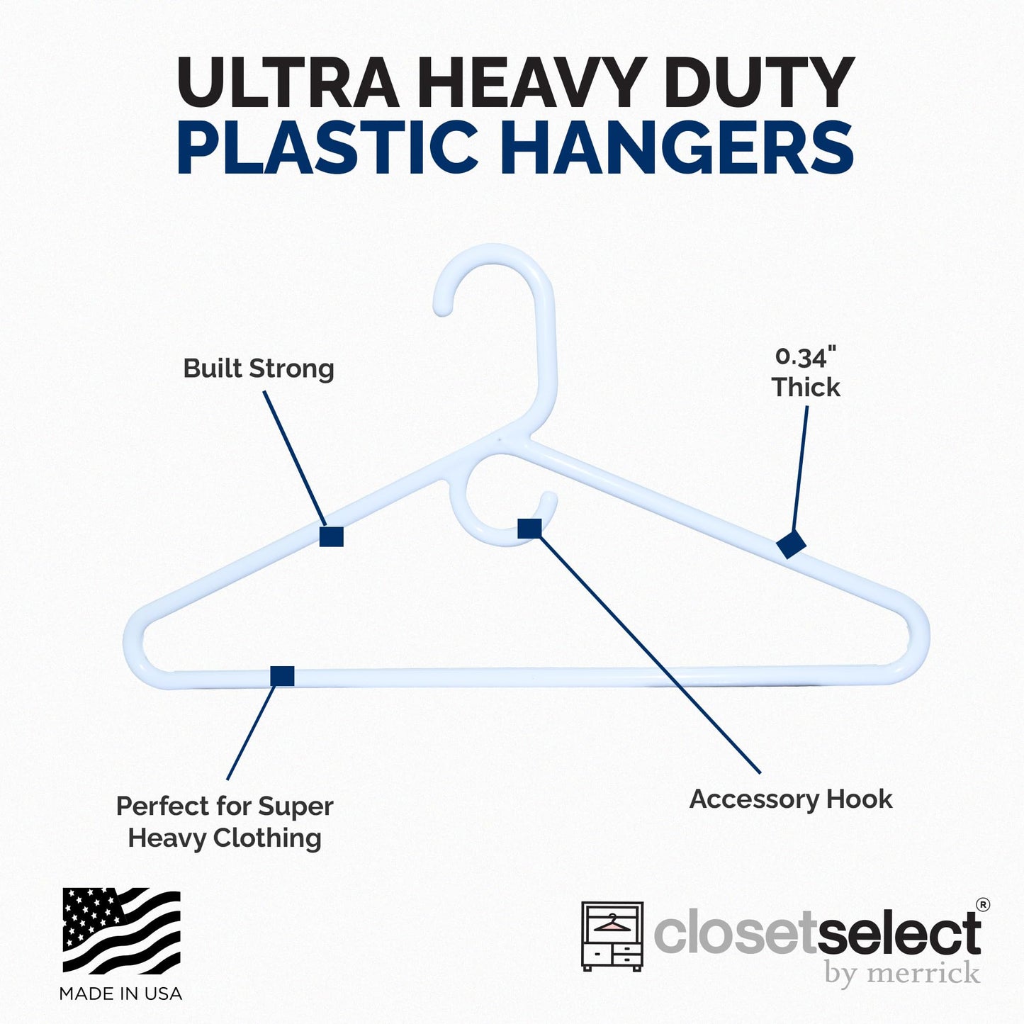 Ultra Heavy Duty Plastic Hangers, Made in USA, White Heavy Weight Hanger, Strong Plastic Hanger for Jackets, Pants, and Shirts, 28 Pack