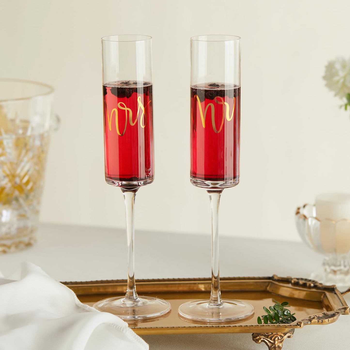 AW BRIDAL Mr and Mrs Champagne Flutes Set of 2, Engagement Gift for Couples and Newlyweds, Bridal Shower Gifts for Bride to Be, Wedding Anniversary Toasting Glasses Set with Wooden Box