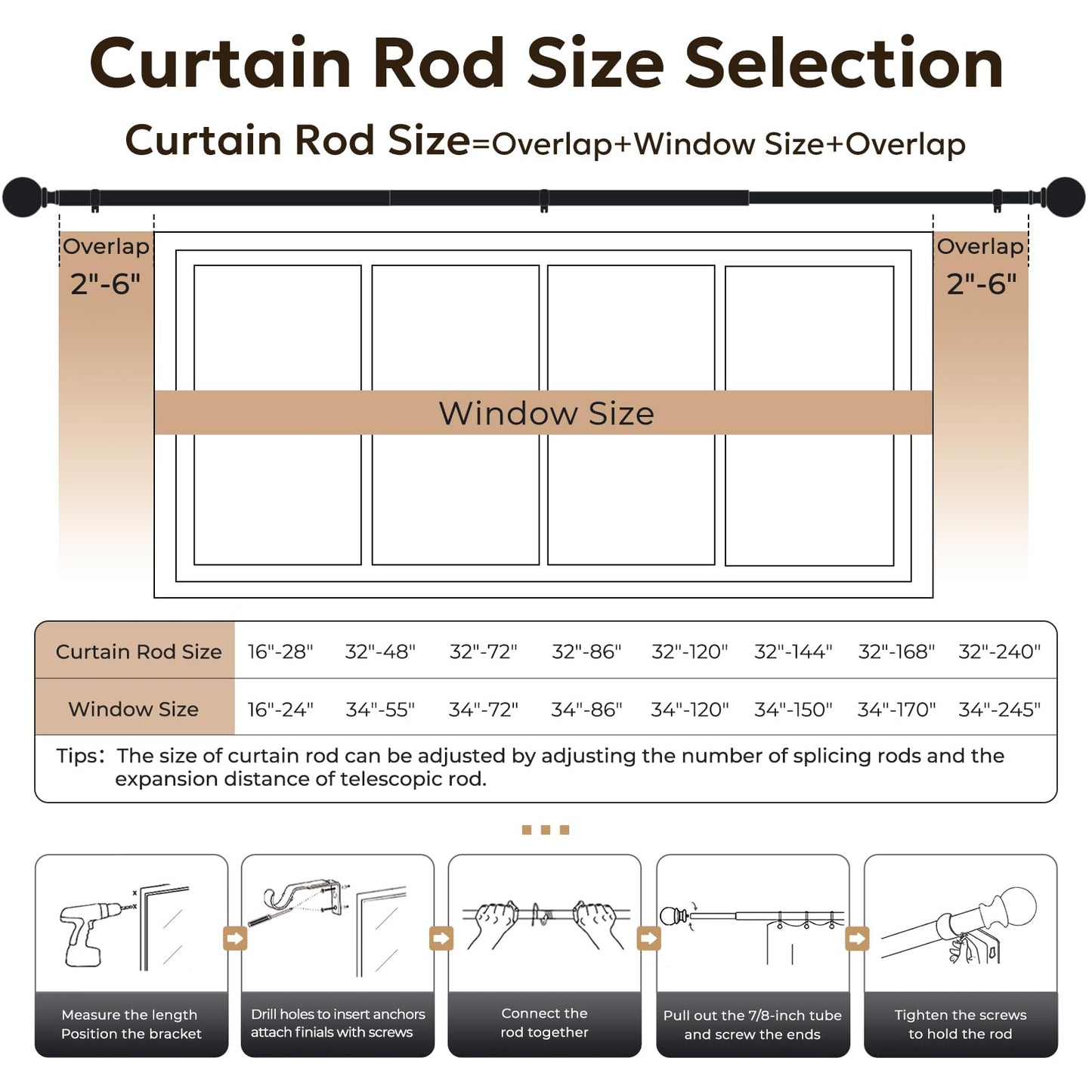 Zeerobee Curtain Rods for Windows 66 to 120, 1 Inch Adjustable Heavy Duty Black Curtain Rod, Outdoor Indoor Room Divider Modern Drapery Pole, 66-120"