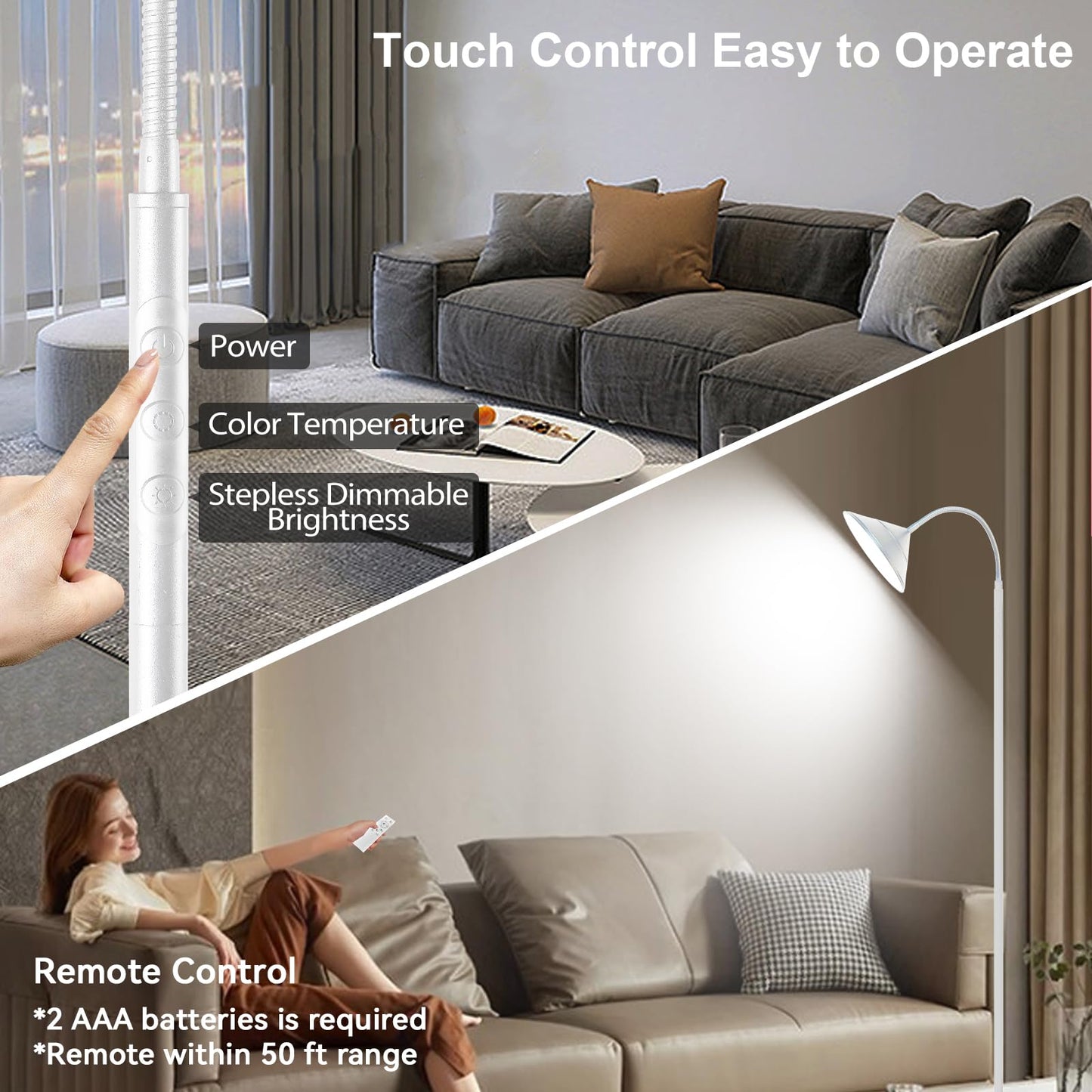 mukuxin LED Floor Lamp, 18W Floor Lamp with Remote & Touch Control, 2700K-6500K Adjustable Eye Caring Standing Light for Living Room, Bedroom, Office