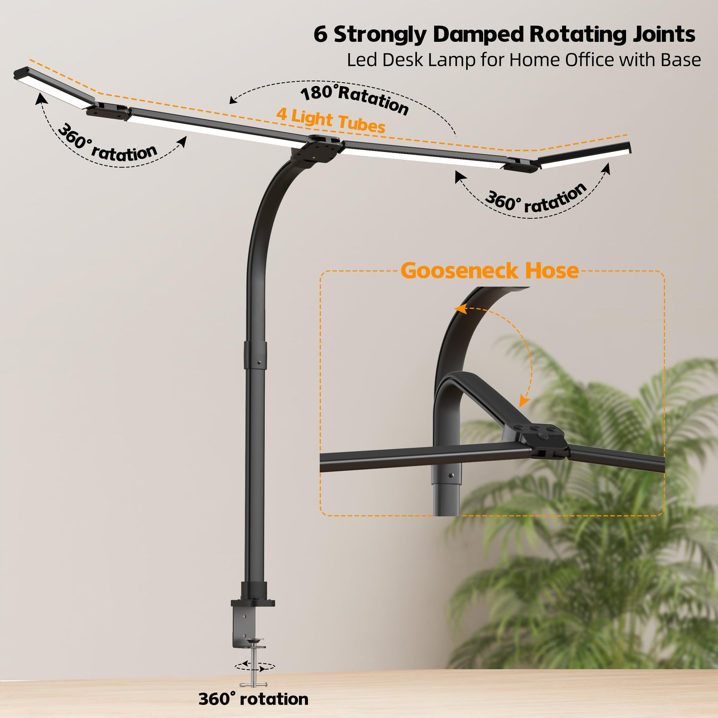CJJFACA 24W LED Desk Lamp with Clamp, Eye-Care Adjustable Gooseneck Mission Light, Glare-Free Illumination, for Study, Reading, Workbench (Black)