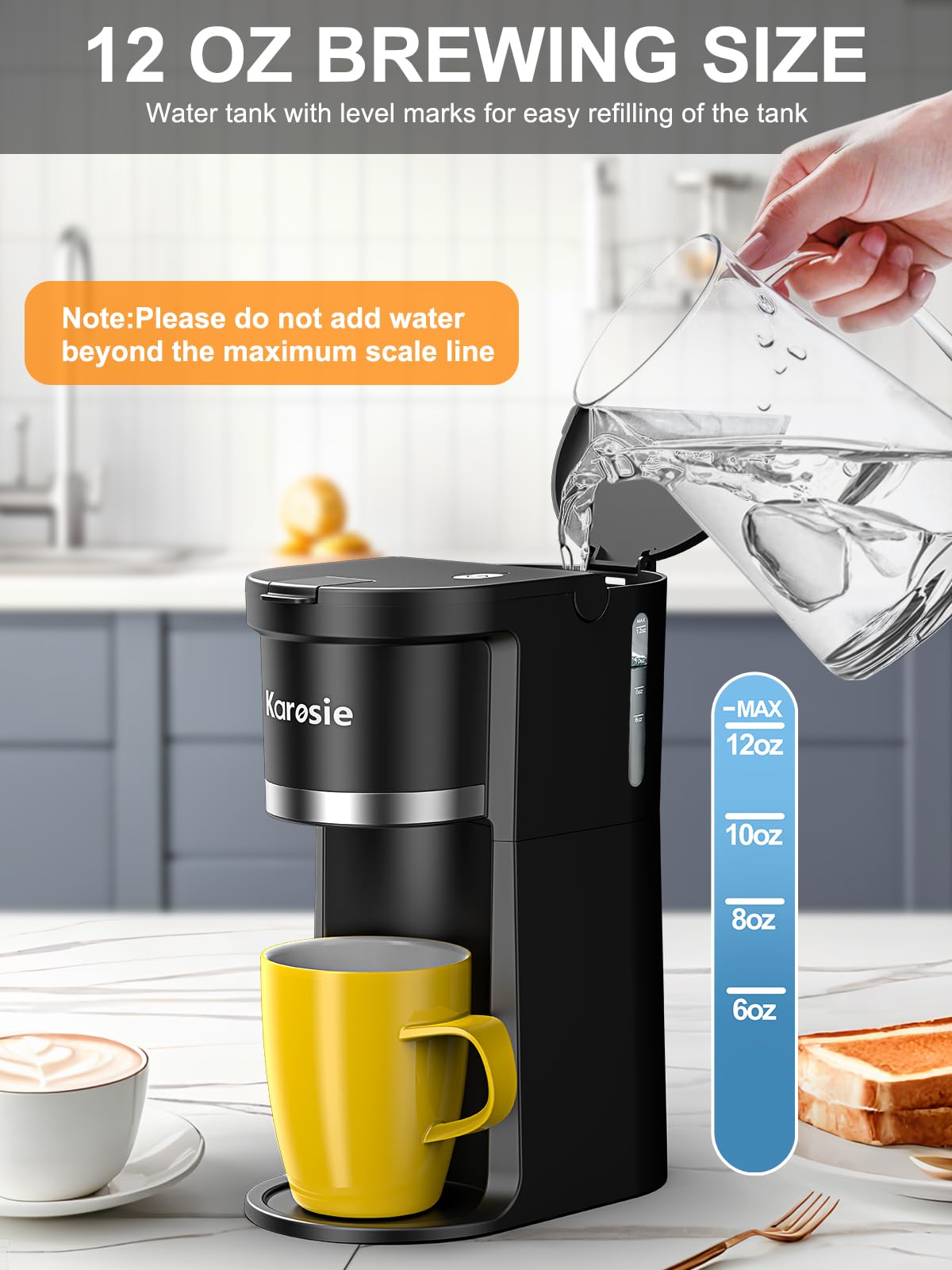 Karosie Small Single Serve Coffee Maker, Fast Brew for K-Cup & Ground Coffee, 6-12 Oz Brew Sizes, One-Button Single Cup Coffee Maker, Coffee Machine with Descaling Reminder