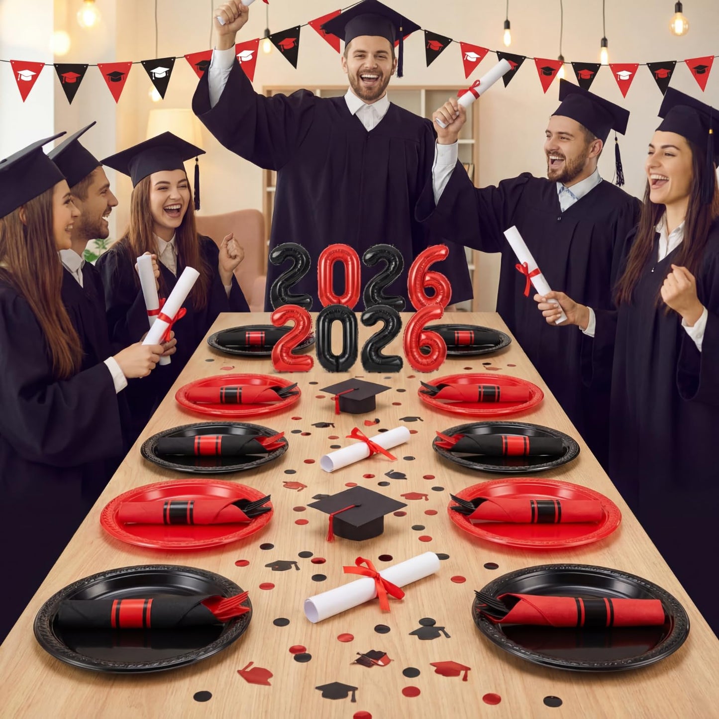 Lasnten 200pcs Pre-rolled Red and Black Plastic Silverware Set for 50 Guest Disposable Plastic Cutlery Set with Napkins for 2026 Graduation Red and Black Birthday Party Retirement Party Supplies