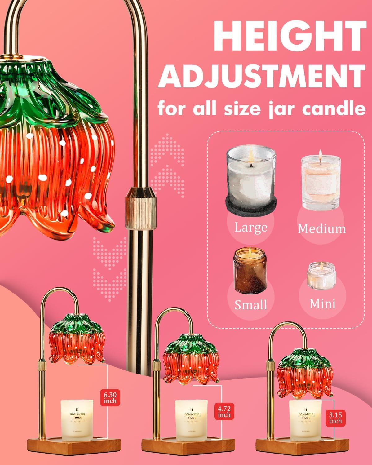 Strawberry Candle Warmer Lamp with Timer Dimmer, Adjustable Height Mothers Day Birthday Gifts for Women Mom House Warming Gifts New Home Bedroom Decor, Cute Candle Warmer Light for Jar Candles