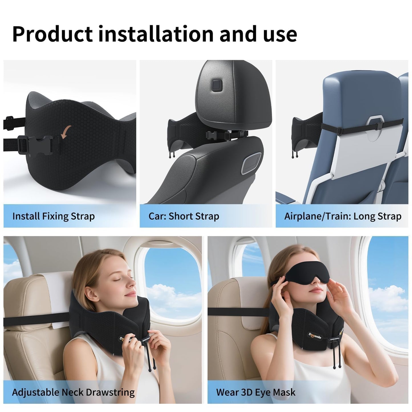 Doosmile Patented Head-Bobble-preventing Ergonomic 360° Supporting Golden Formula Memory Foam Travel Neck Pillow w/3D Contoured Eye Mask Set Long Trip Sleeping Essentials for Airplane Flight Car Bus