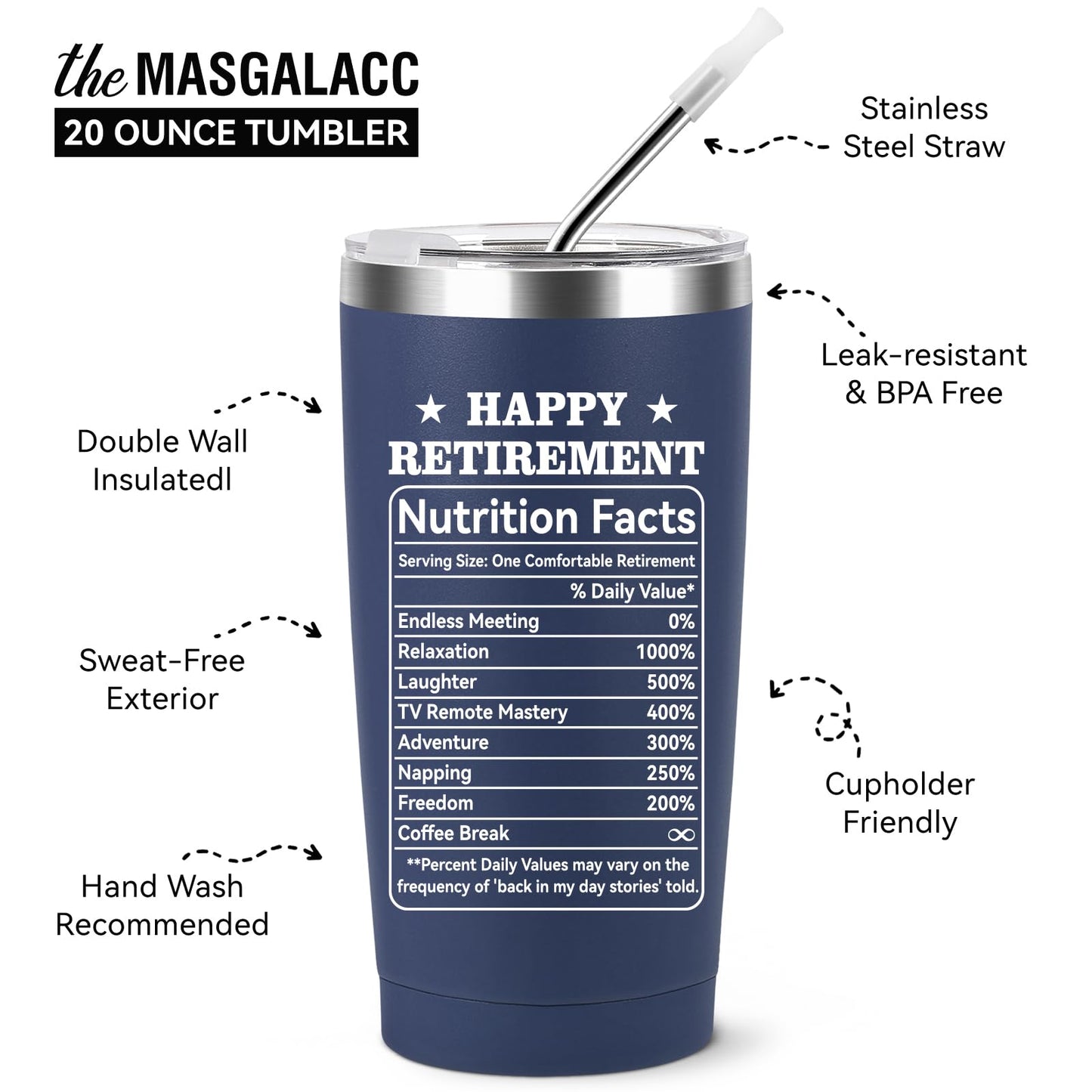 MASGALACC Retirement Gifts for Men & Women 2026 – 20oz Navy Blue Tumbler – Funny Retired Gift for Coworkers, Friends – Happy Retirement Party Decorations & Supplies