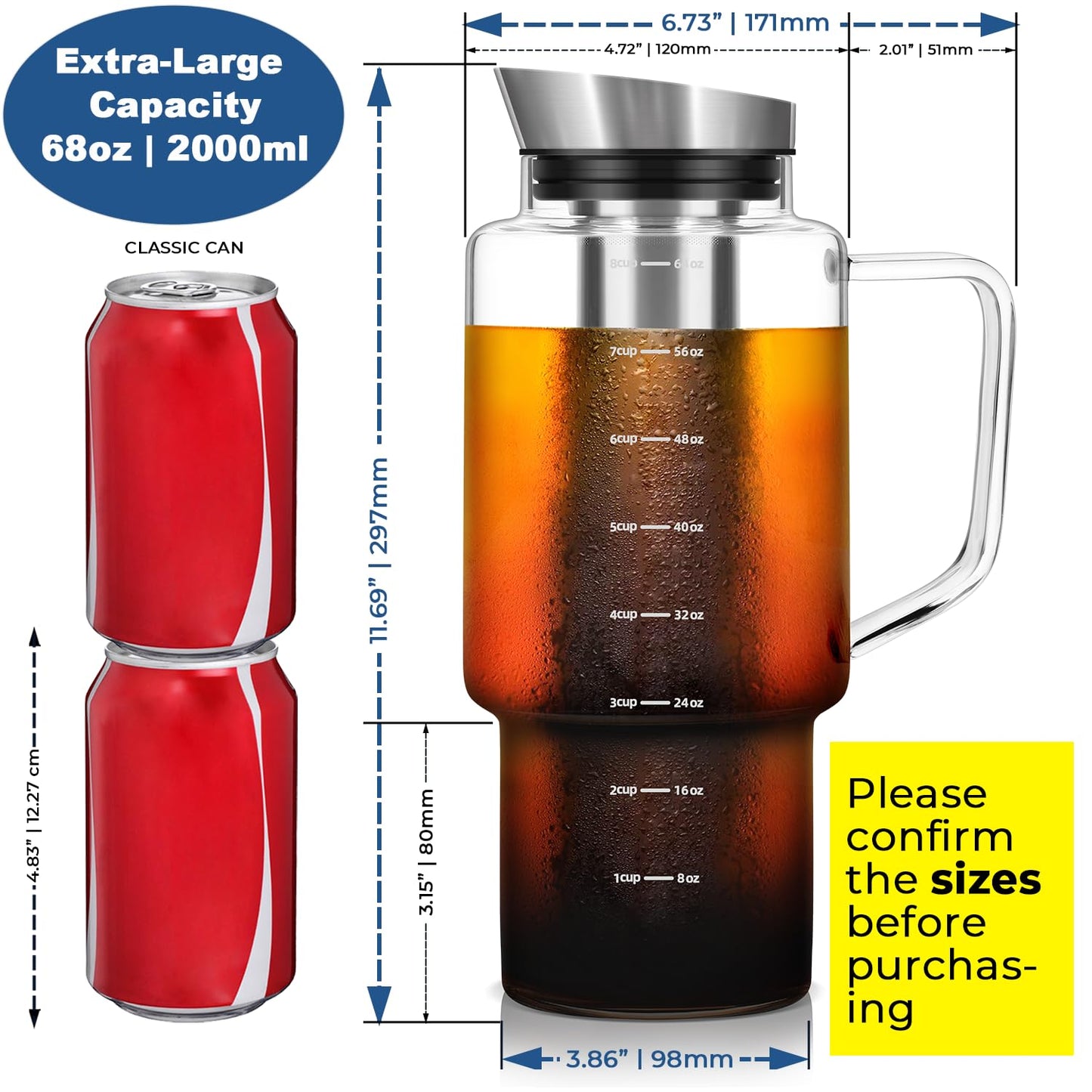 Aquach 68oz Cold Brew Coffee Tea Maker, Glass Pitcher & Stainless Steel Filter, Dishwasher Safe Iced Coffee Tea Maker with Airtight Lid and Large Handle