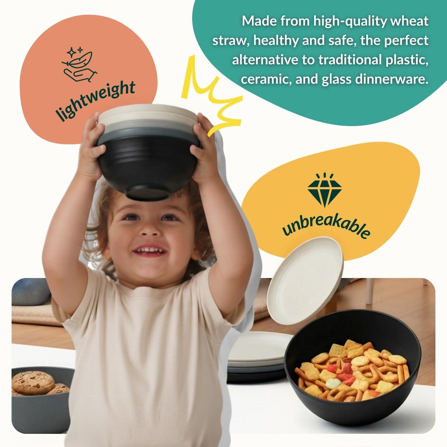 Homienly 40 PCS Wheat Straw Dinnerwave Sets for 8 Unbreakable Plates and Bowls Sets with Cups & Saucers, Microwave Dishwasher Safe Dishes Sets for Kitchen, Camping, RV, Party, Stackable (Gery Stone)