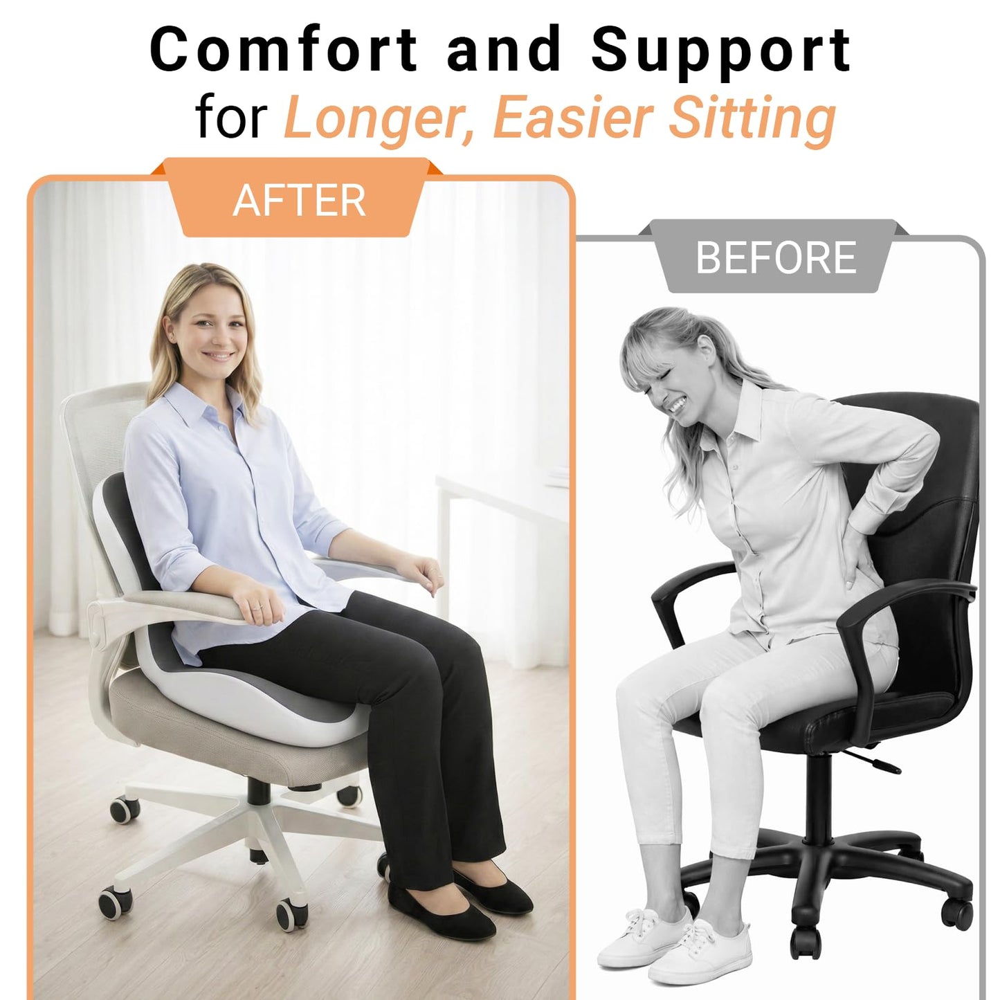 Ergonomic Seat Cushion Set with Lumbar Support Pillow, High-Density Memory Foam Cushion with Non-Slip Base, Posture Support Cushion for Office Chair, Home Chair, Car Seat (Dark Gray + Light Gray)