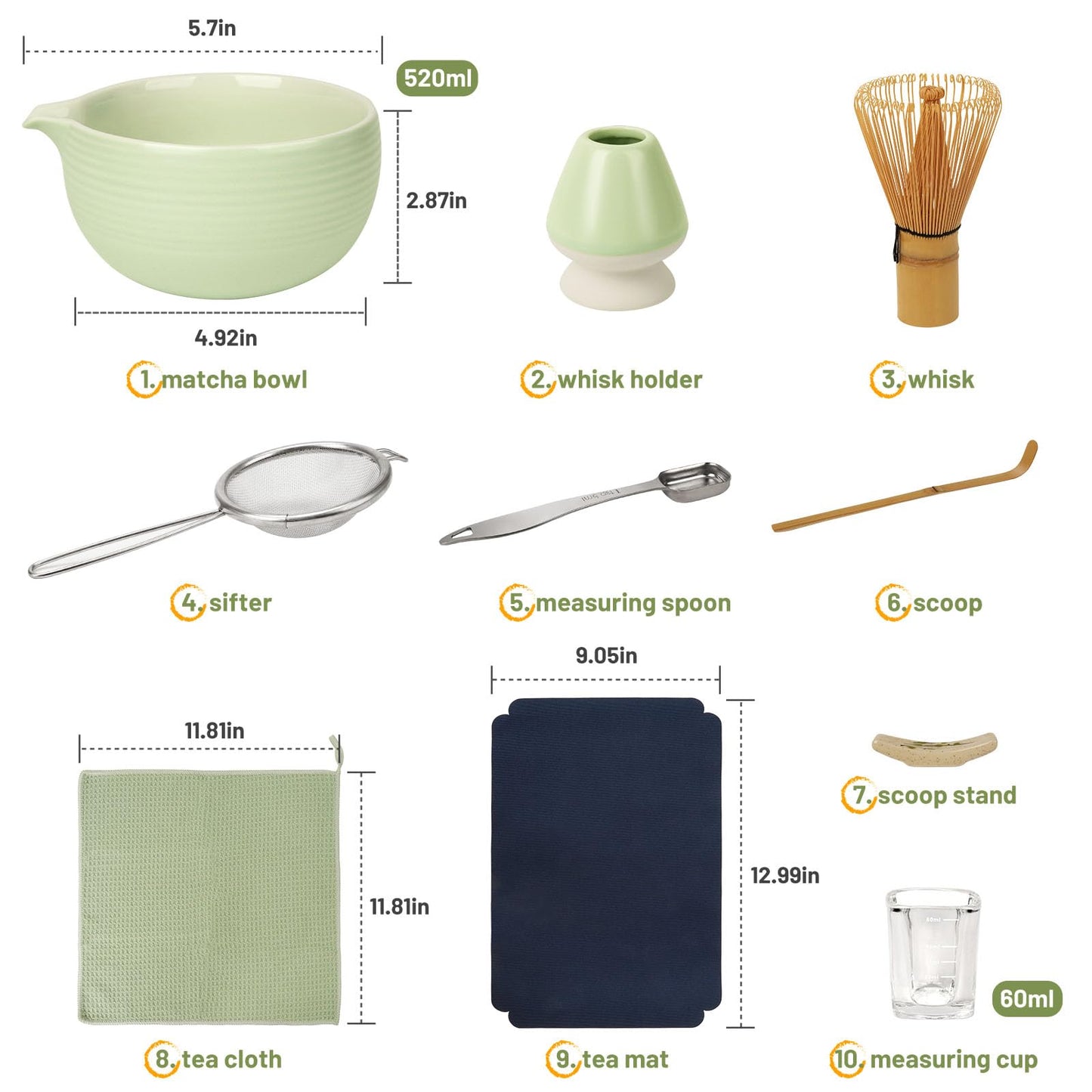 Joiish Matcha Whisk Set, Matcha Kit 10-Pcs, Bamboo Whisk and Ceramic Bowl with Spout & Measuring Spoon & Cup, Japanese Ceremony Matcha Tea Powder Making Tools, Light Green