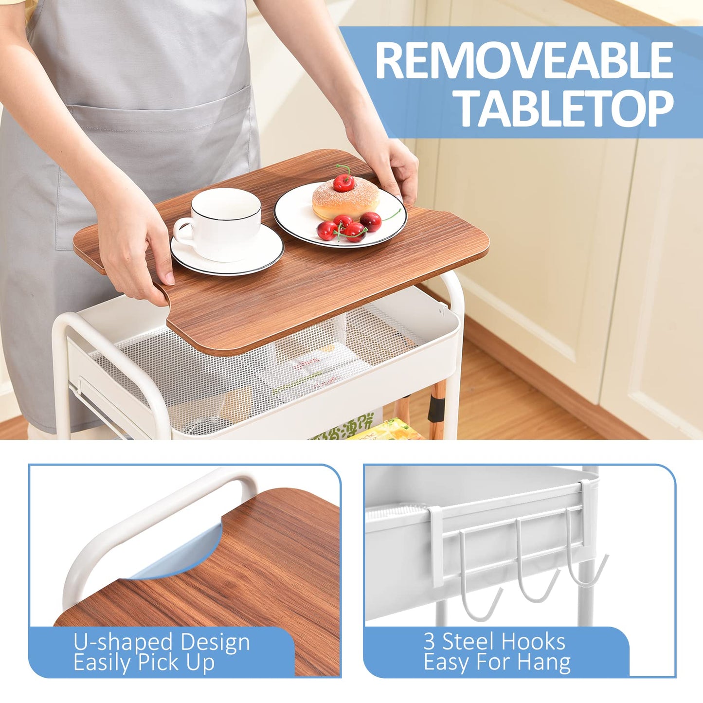 TOOLF 3-Tier Rolling Cart with Table Top, Metal Storage Cart on Wheels, Utility Organizer with Wooden Tray, Lockable Casters, Easy Assembly for Bathroom, Living Room, Office, Kitchen, White