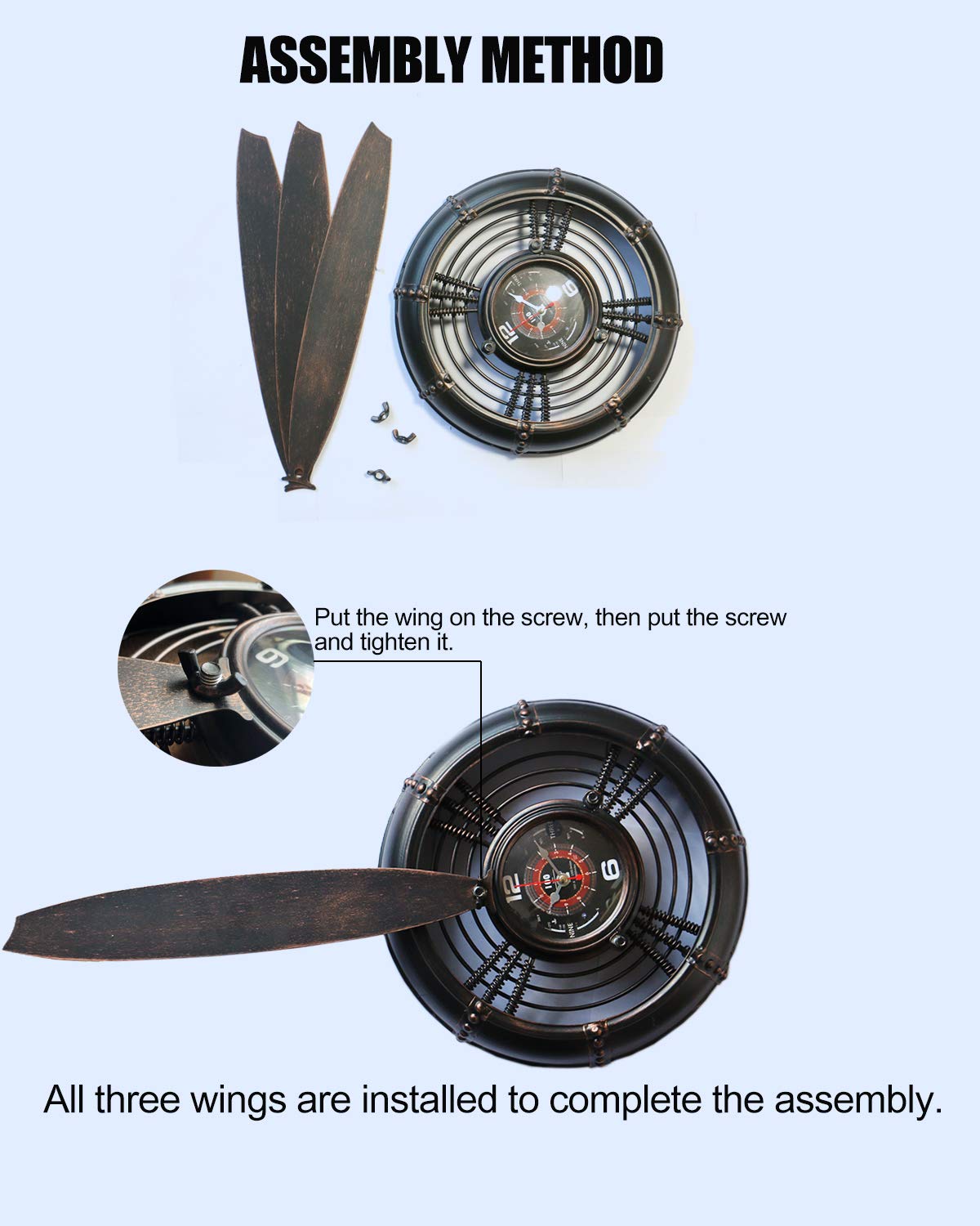 AOROTOE Metal Wall Decor Art Antique Airplane Propeller Aviation Wall Clock for Living Room Bedroom Rustic Wall Sculptures Brown 29.5×26.4 inches