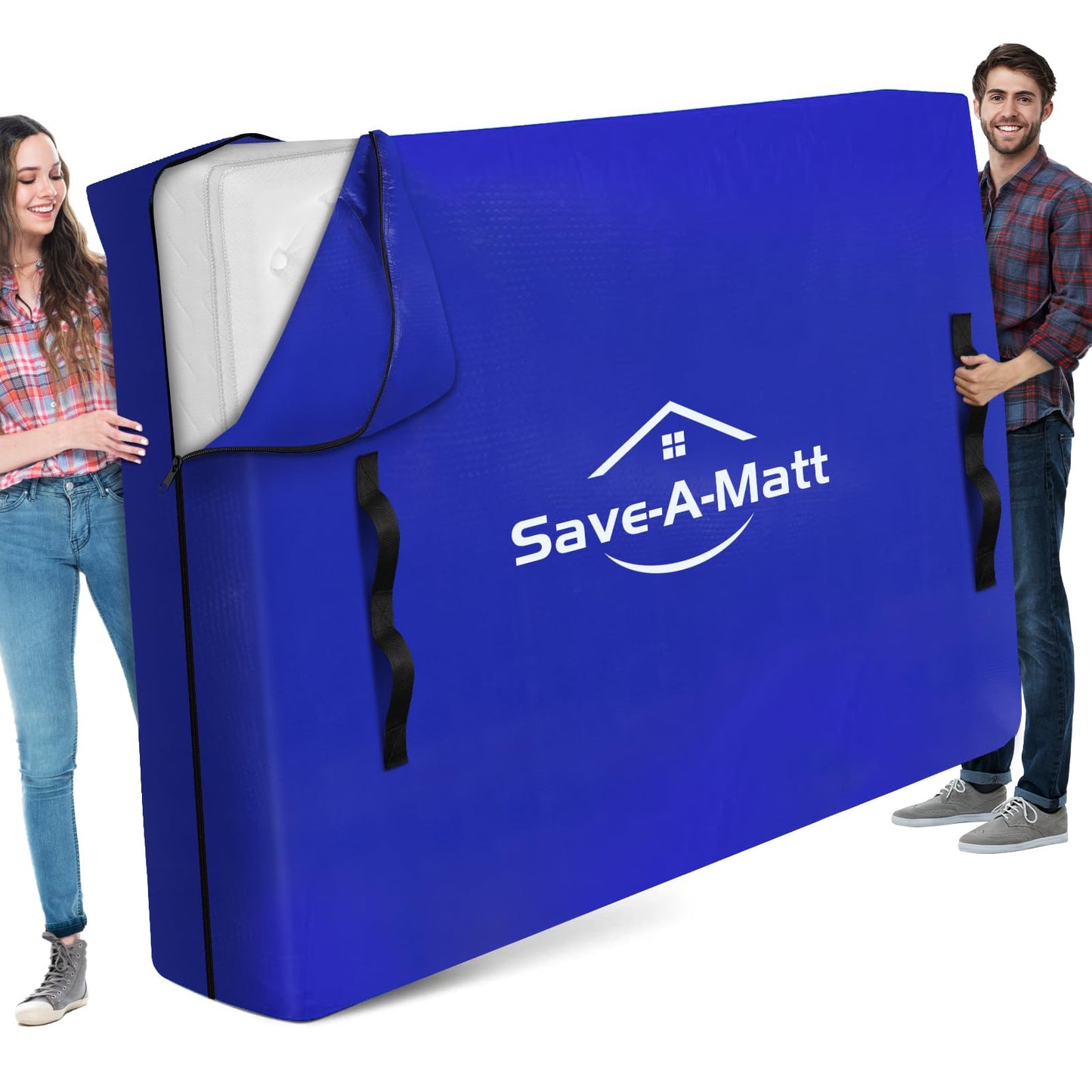 SaveAMatt Mattress Bags for Moving - Extra Thick & Durable Queen Mattress Cover for Moving - Reusable Waterproof Tarp Mattress Protector with Heavy Duty Handles (82’’x63’’x15’’ Queen Size)
