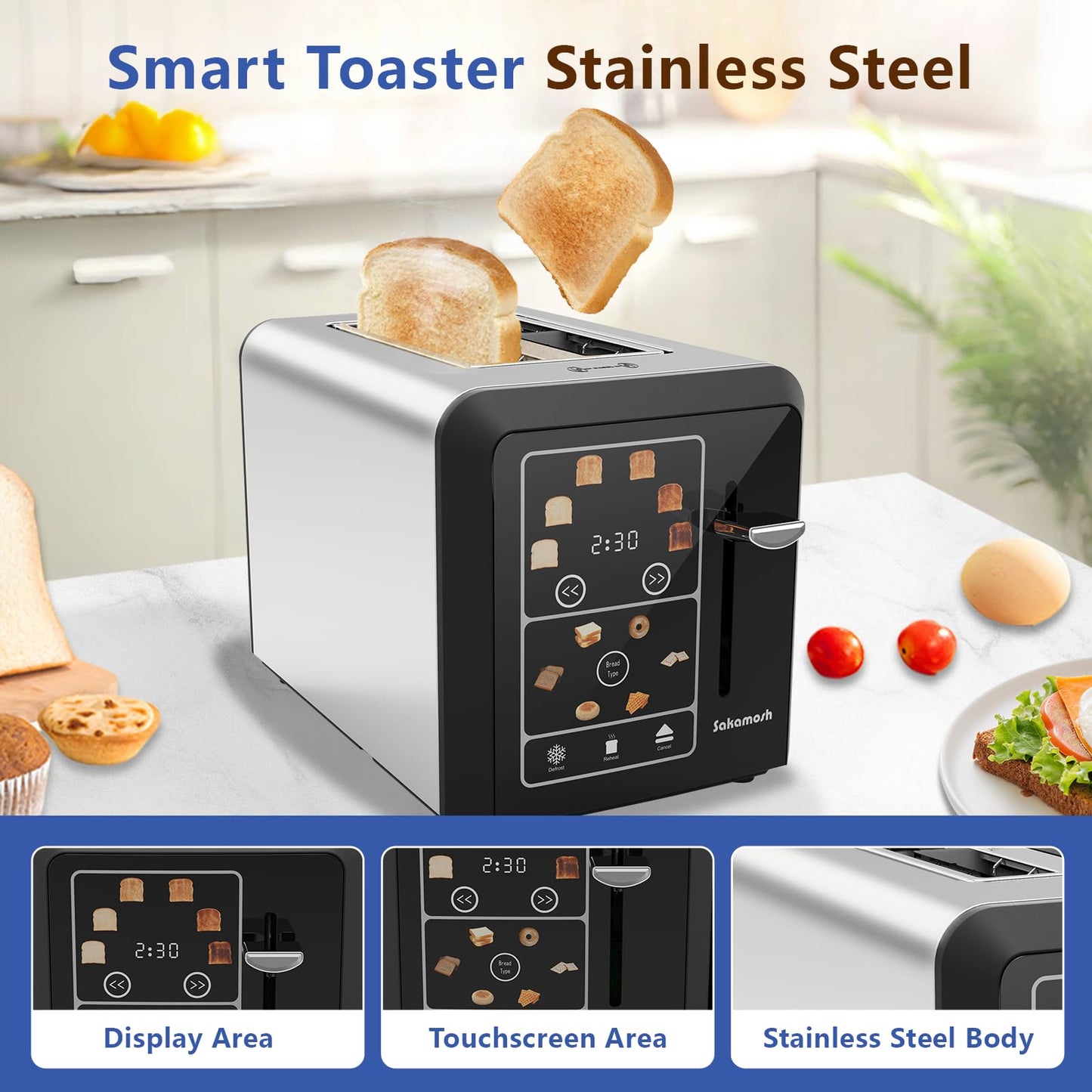 SAKAMOSH Smart Toaster 2 Slice, Touch Screen, Digital Toasters with 6 Browning Levels & 6 Bread Types, Bagel, Extra Long Wide Slots, Memory Function, Timer, 800W, Stainless Steel