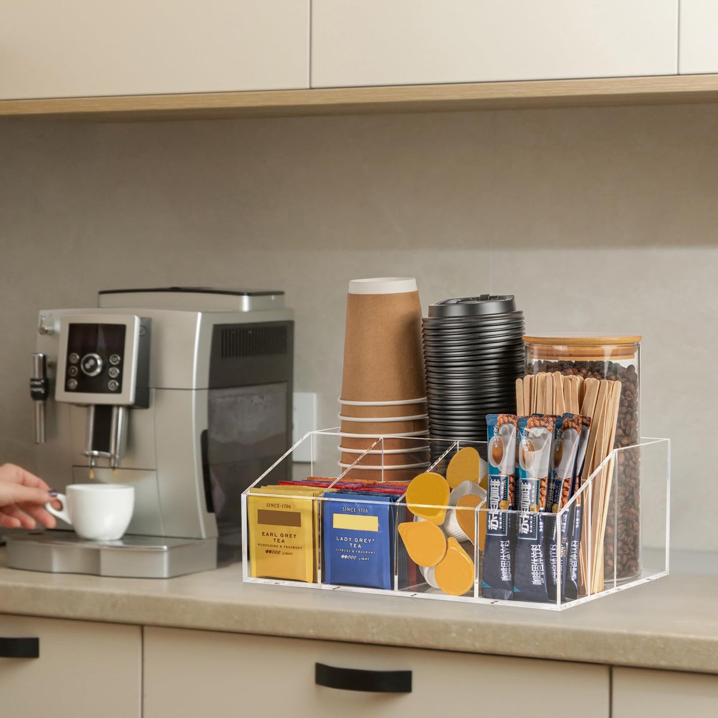 Acrylic Coffee Station Organizer for Countertop, Coffee Bar Accessories Organizer with 6 Compartments for Tea Bags Condiment, Pods, Creamer, Syrup, Cups, Stirrer