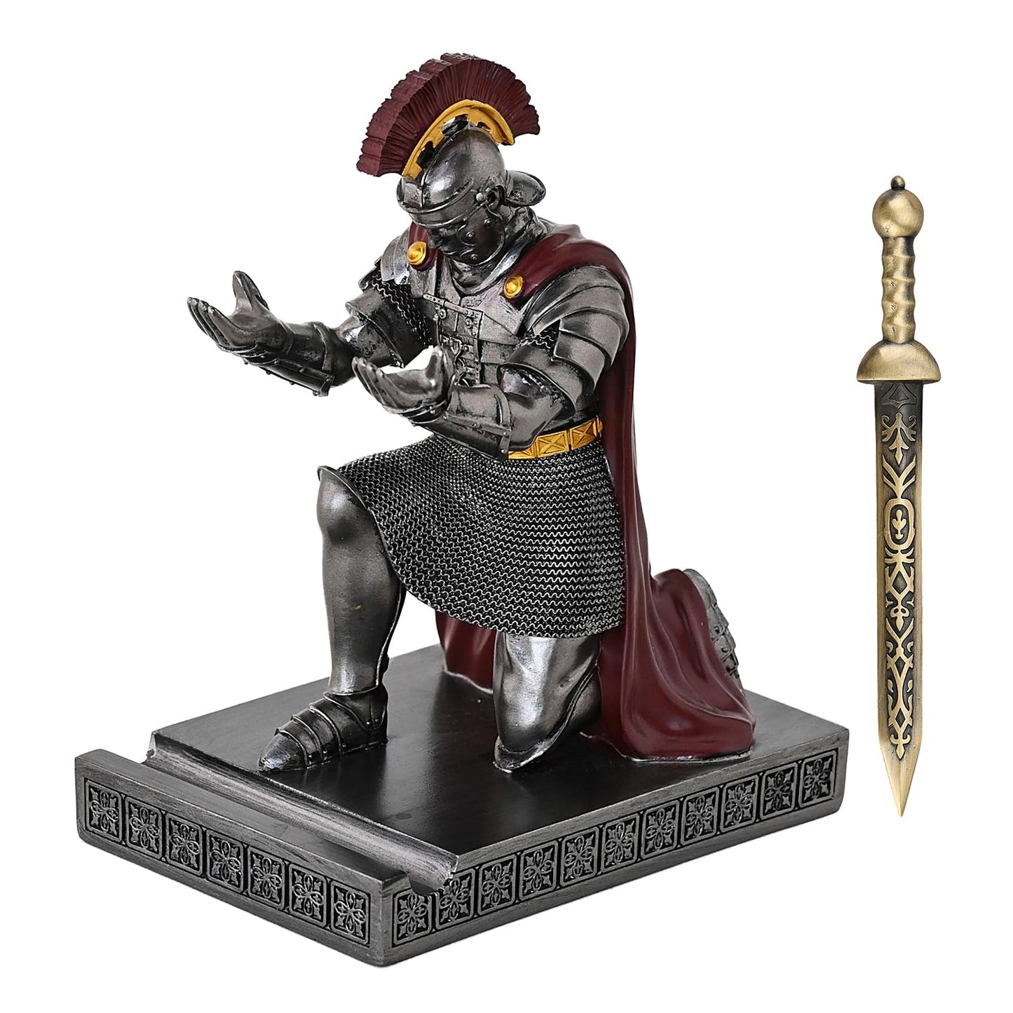 CYXStar Roman Praetorian Prefect Warrior Knight Pen Holder Desk Ornament Resin Praetorian Guard Mobile Phone Stand Desk Accessories and Organizer for Office with a Letter Opener (Iron)