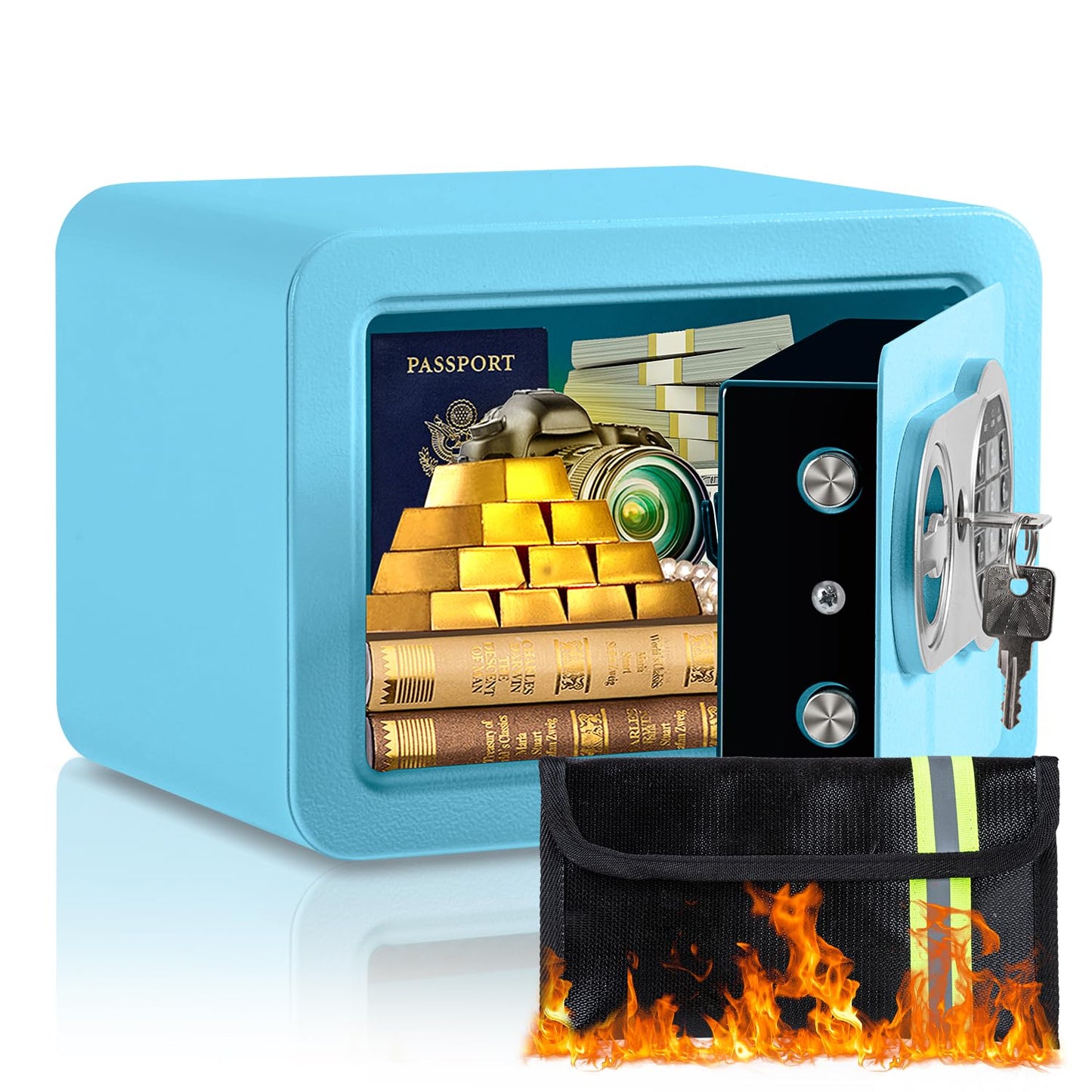0.23 Cubic Feet Safe Box, Small Safe W/Fireproof Bag, Keys & Pass Code, Digital Electronic Security Money Box for Cash, Document, Home, Office, Hotel Use, Blue, 6.69"D x 9.06"W x 6.69"H