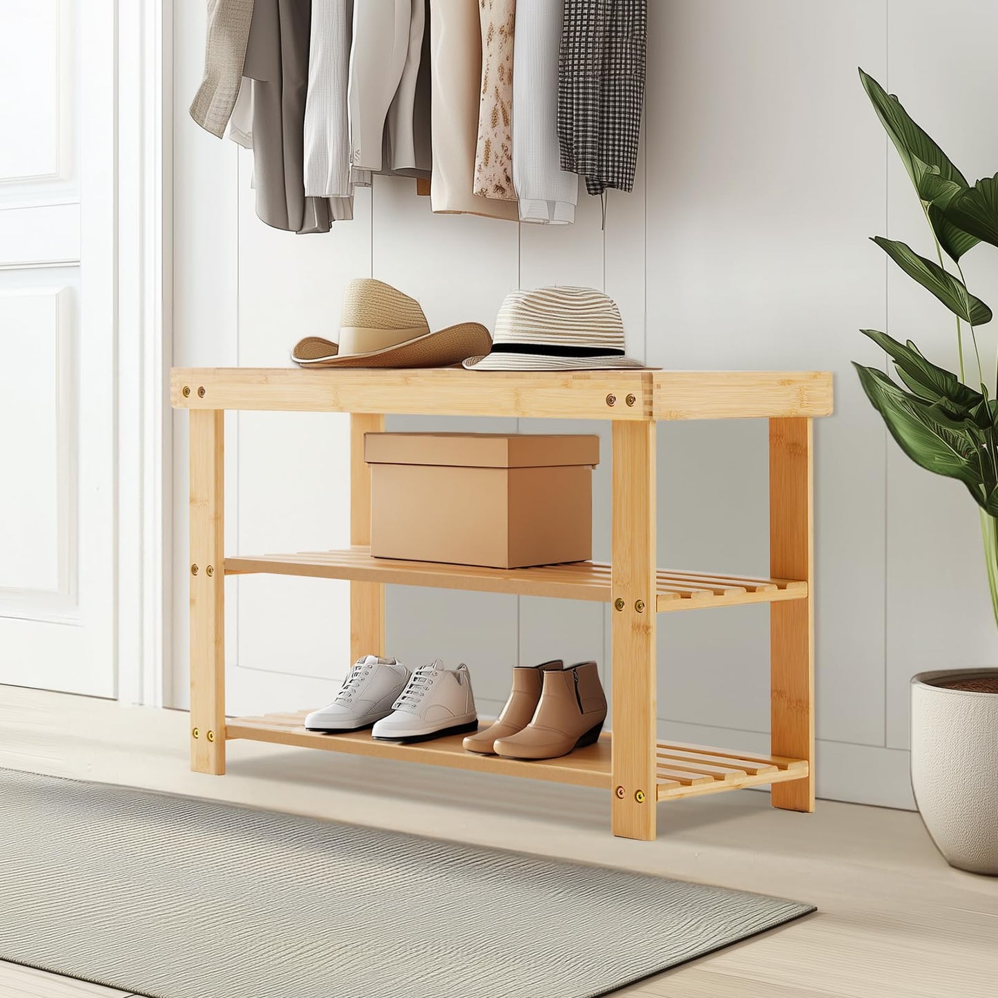 NEWBULIG Shoe Rack Bench, 3-Tier Bamboo Shoe Organizer, Wooden Entryway Storage Bench, 286 lb Load Capacity, 11.2x27.6x17.9 Inches, for Entryway Bathroom Bedroom Balcony, Wood