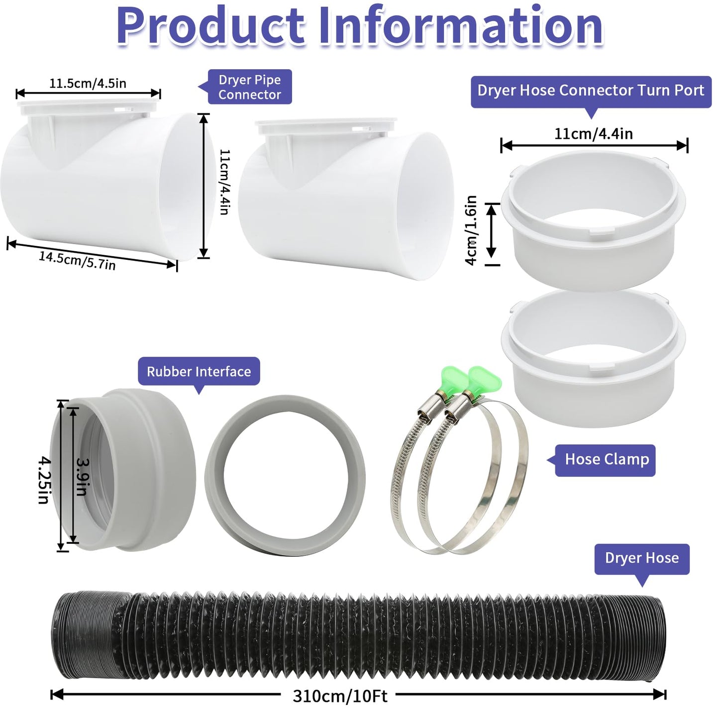 4inch 10FT Dryer Vent Hose for Tight Space, 90 Degree Dryer Vent Elbow with Rubber Seal Connectors, 6-Layer Duct Hose with 2 Key Hose Clamps, Easy-Install Heat Resistant Dryer Hose Vent Kit