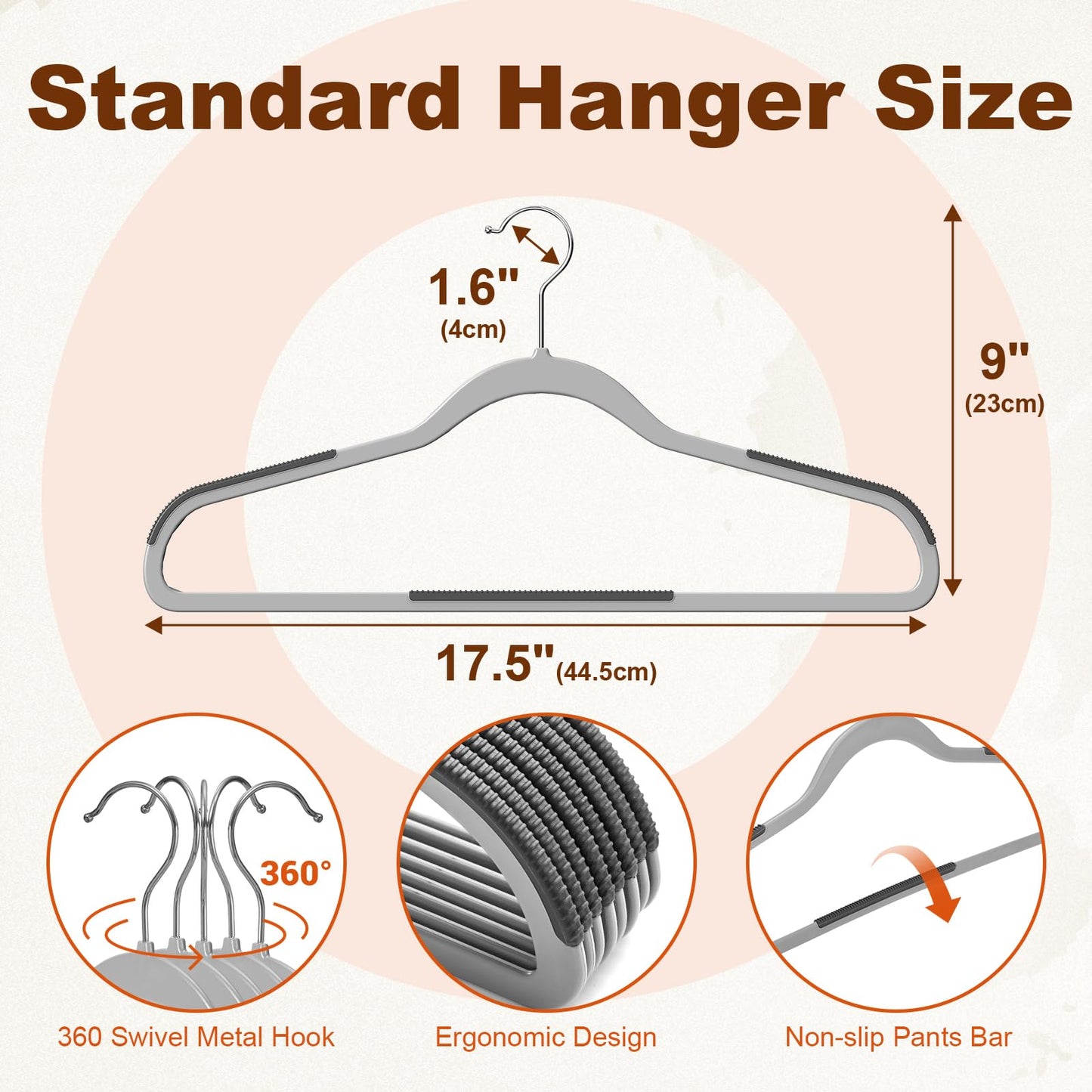 HOUSE DAY Heavy Duty Plastic Hangers 60 Pack, Non Slip Clothes Hangers with Rubber Pads and 360° Hook - Thin 0.2 Inch, Space Saving Coat Hanger Grey, Closet Organizer for Shirt, Pants, Suit, Skirt