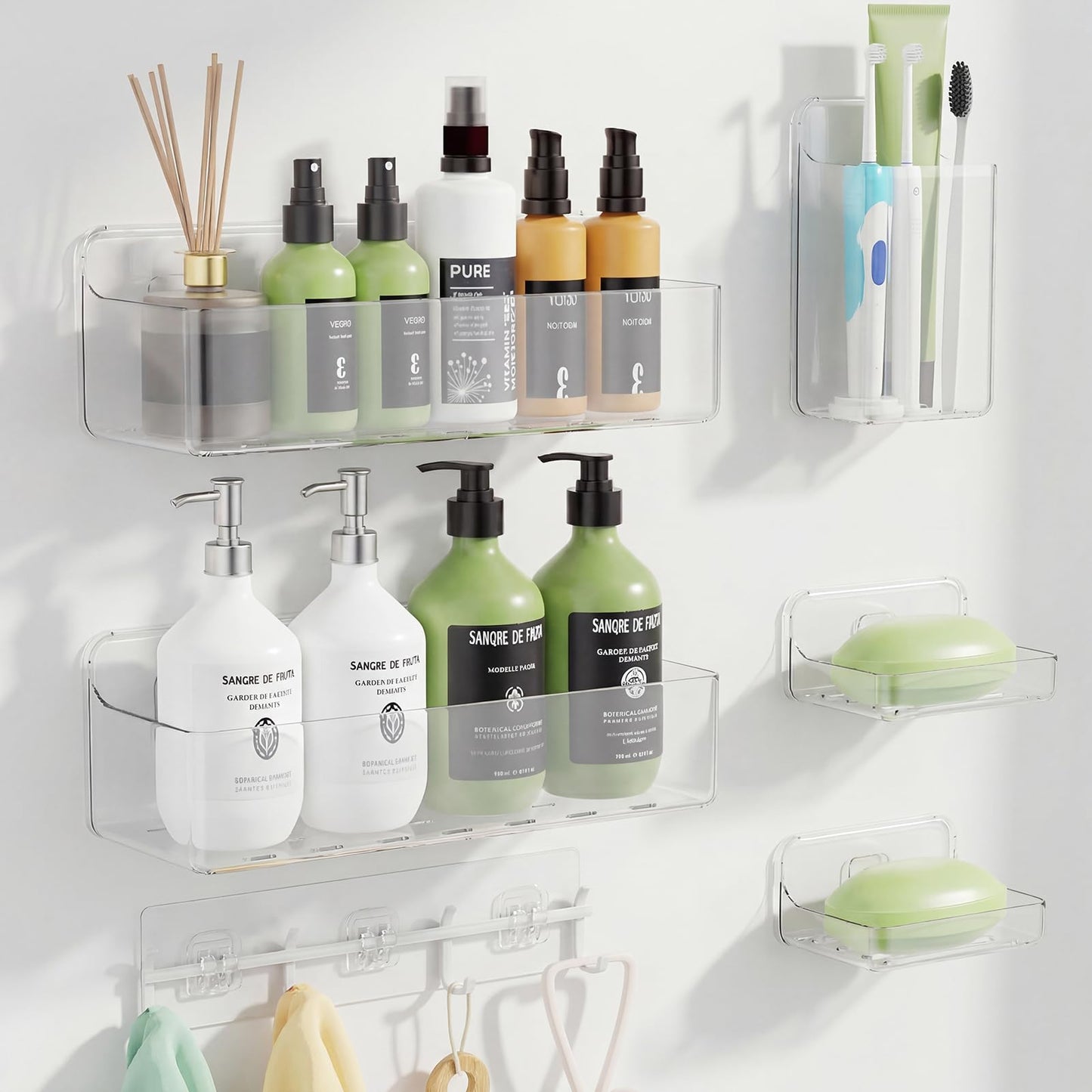 Nefeiya Adhesive Shower Caddy 6 Pack Rustproof Shower Shelves for Inside Shower No Drilling Bathroom Organizers and Storage Large Rack with Soap Holder Clear (clear)