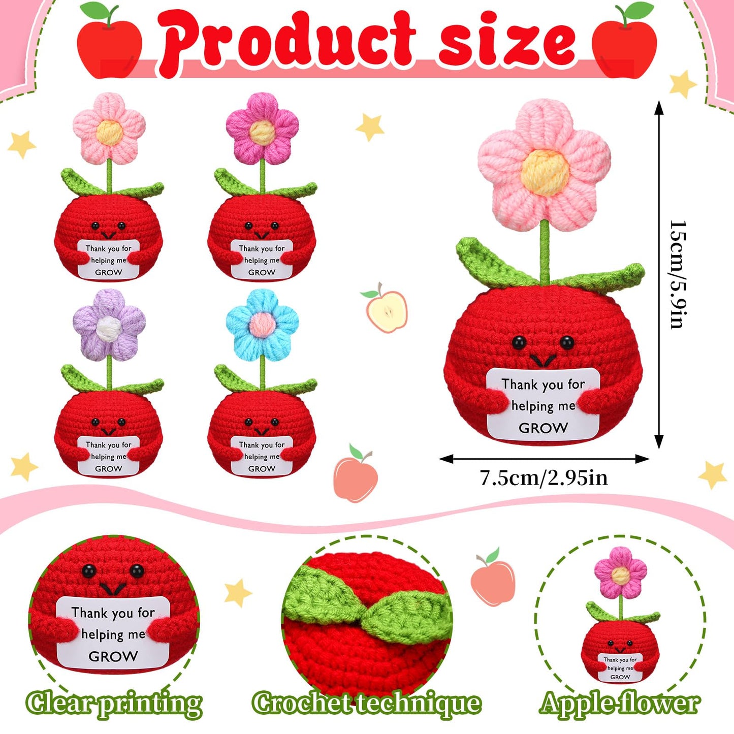 Wavwavw 4 Sets Teacher Appreciation Gifts Bulk Include Crochet Flower Dolls Thank You Crochet Gift Bracelets Keychains Appreciation Bags with Cards Tags End of Year Teacher Gifts(Apple Flower)